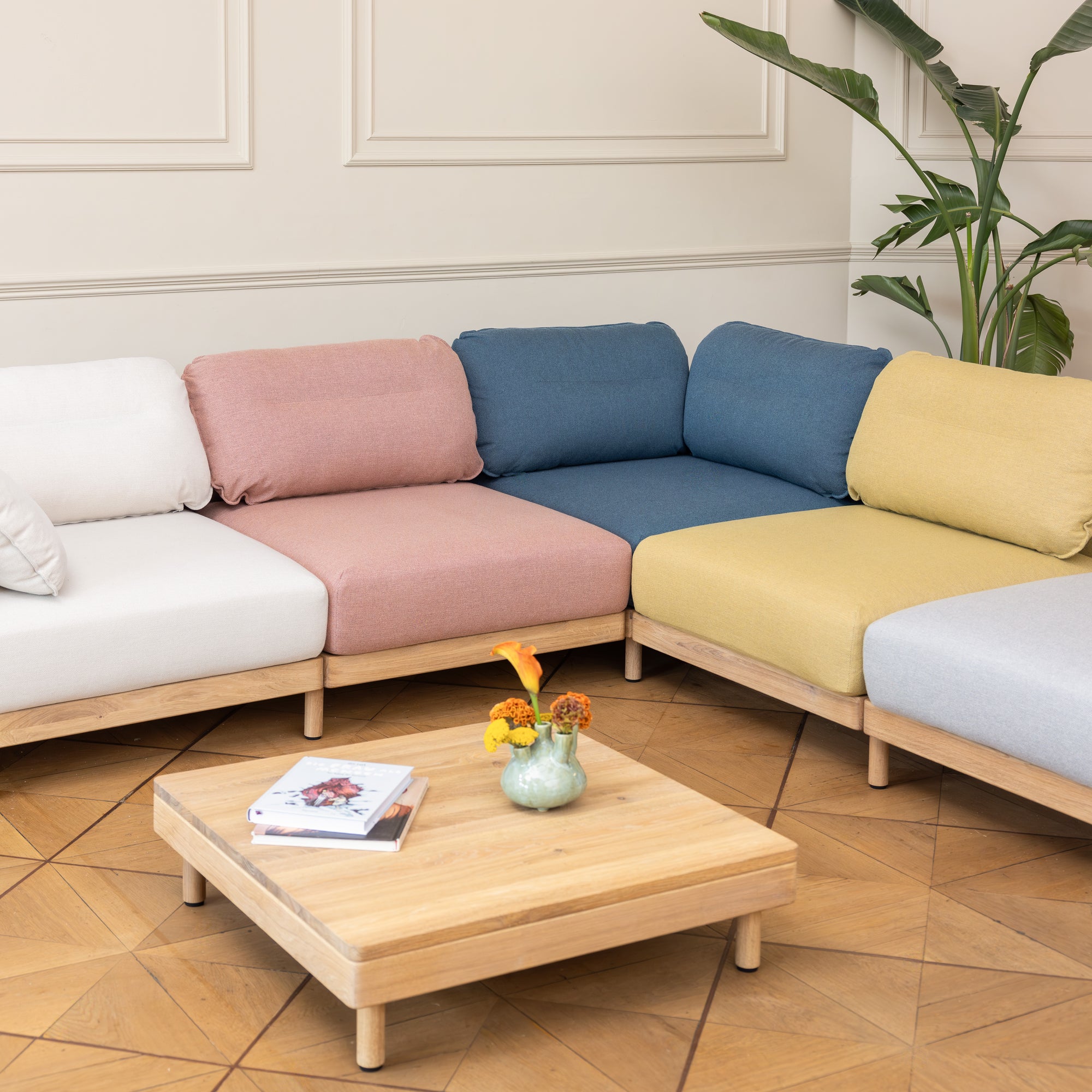 Design Ecksofa rot, blau, gelb, beige