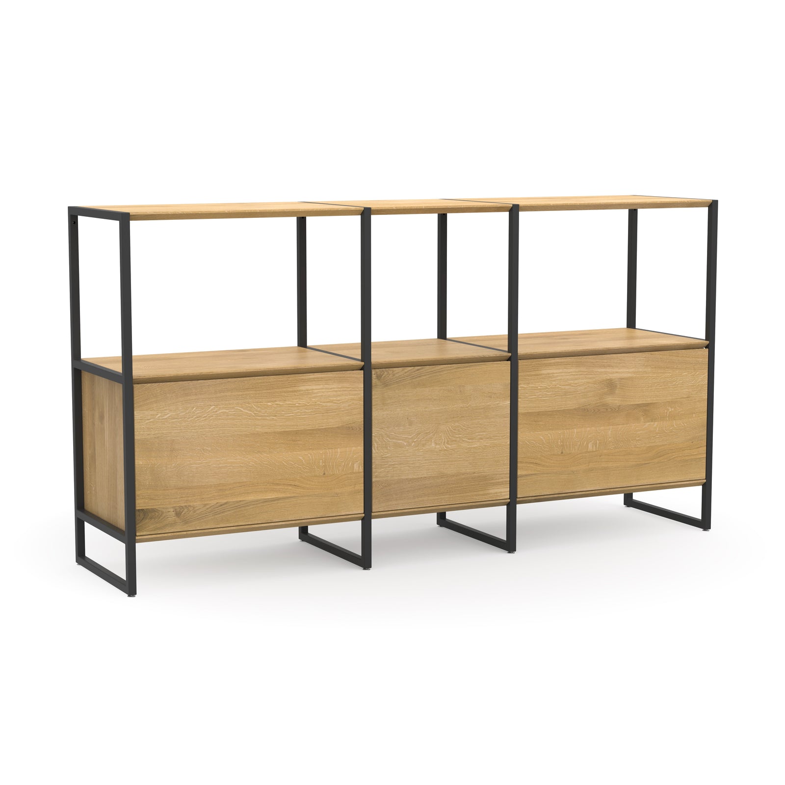 Funktionales Sideboard mit Fächern und Türen mit schwarzem Metall und Echtholz