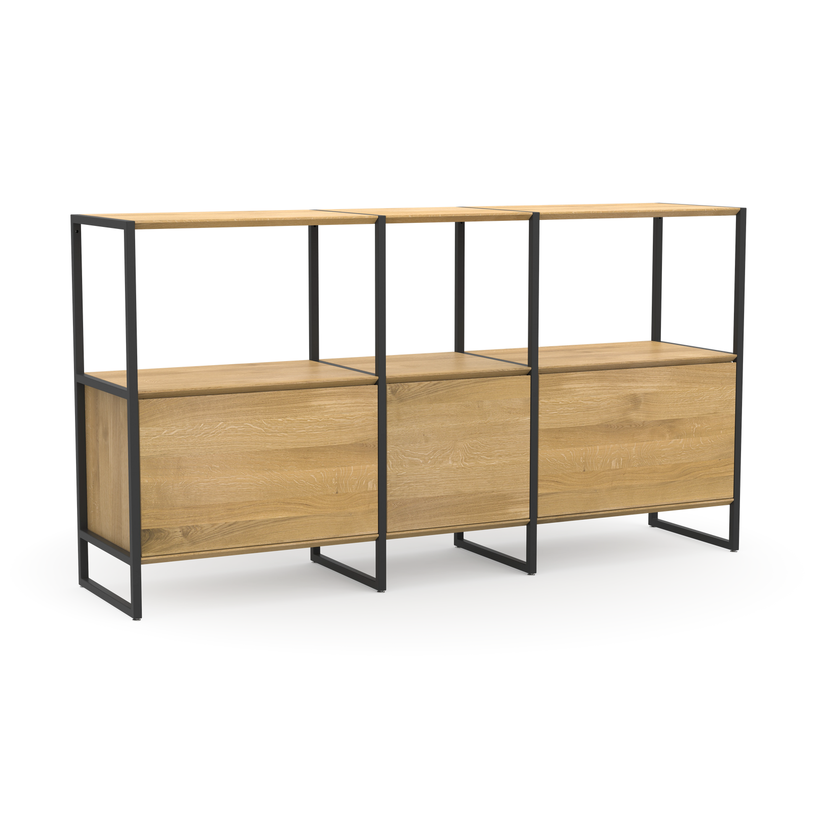 Konfigurierbares Design Highboard aus massivem Eichenholz und weißem Metall mit Türen und Regalbrettern