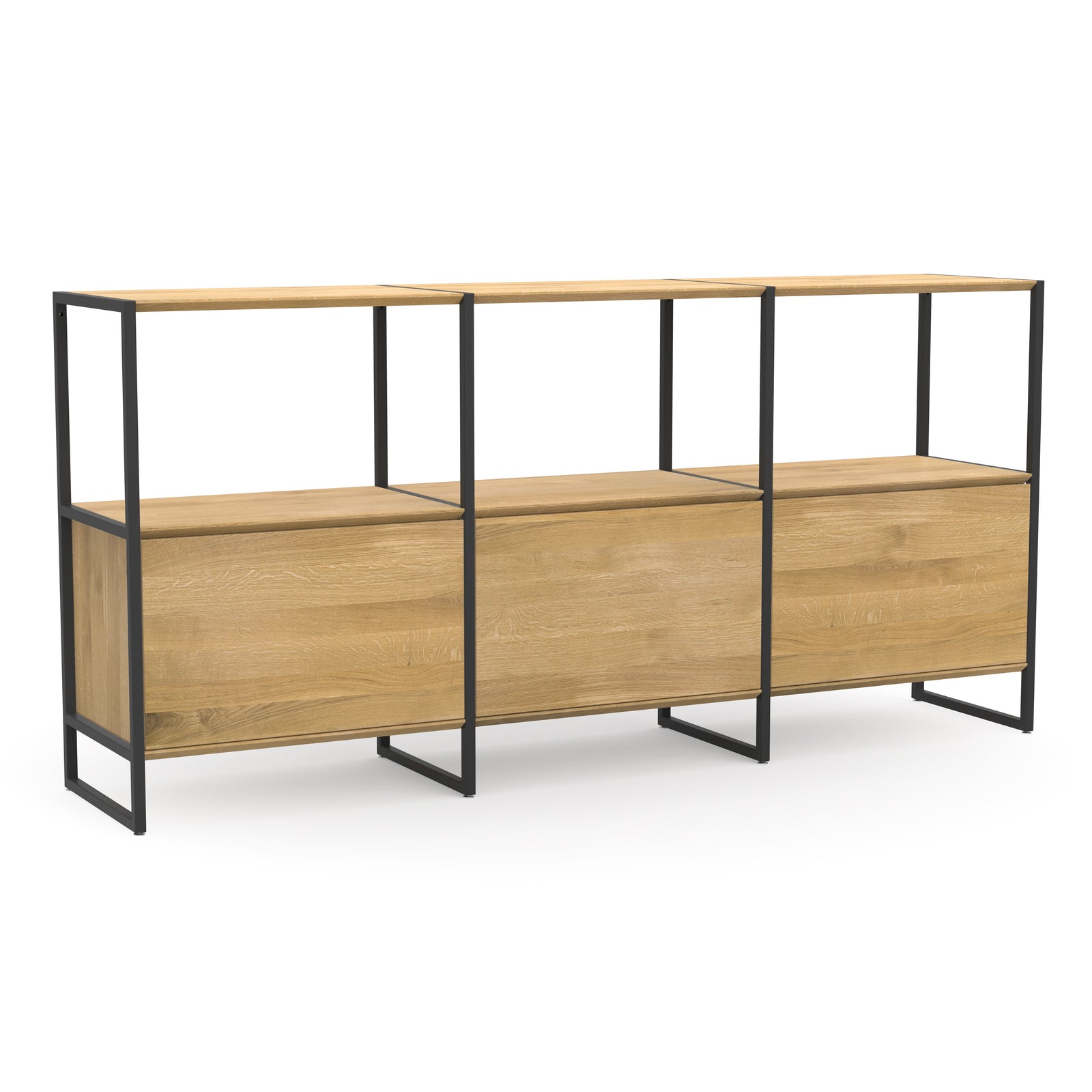 Funktionales Sideboard mit Fächern und Türen mit schwarzem Metall und Echtholz