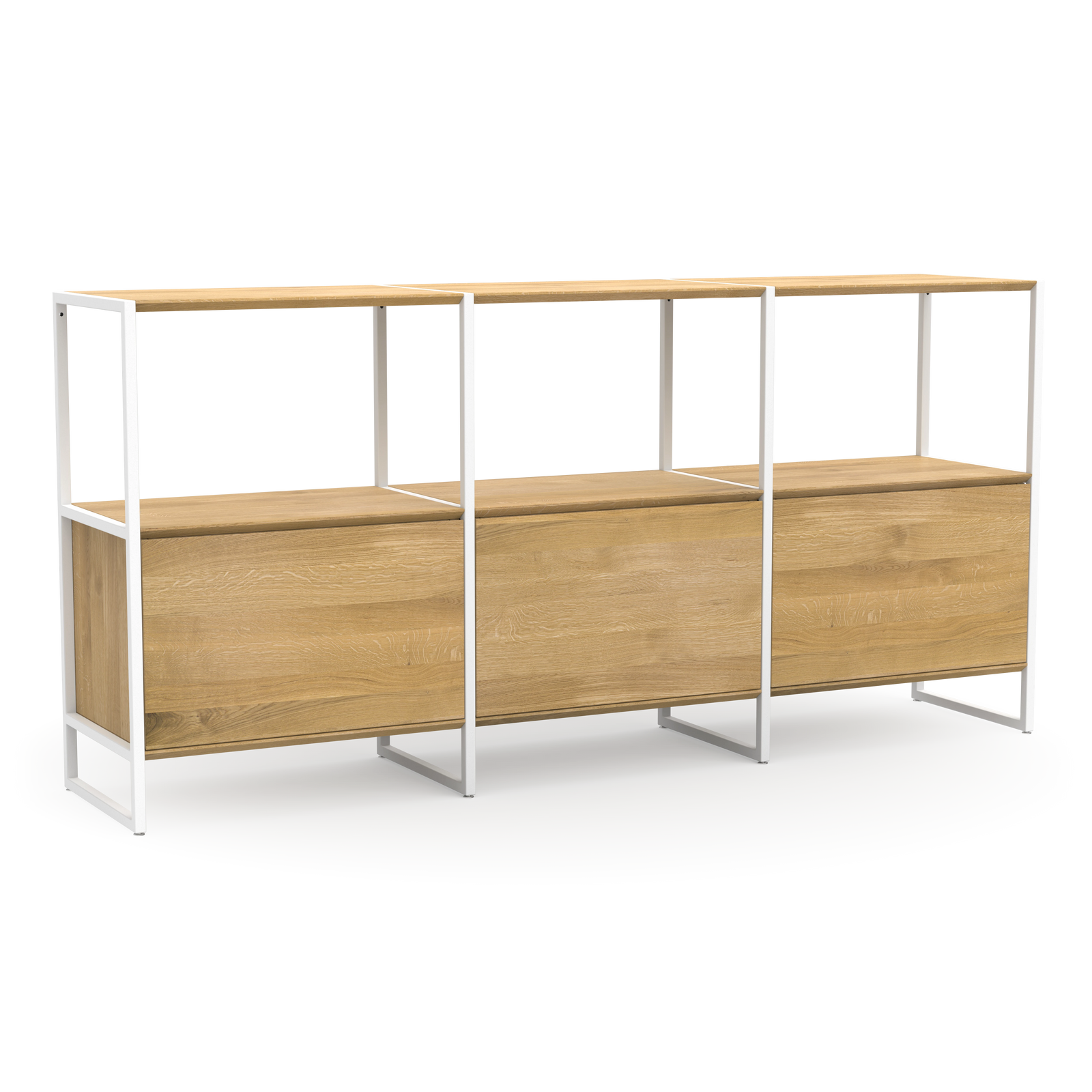 Modulares Design Highboard aus massivem Eichenholz und weißem Metall mit Türen und Regalbrettern.