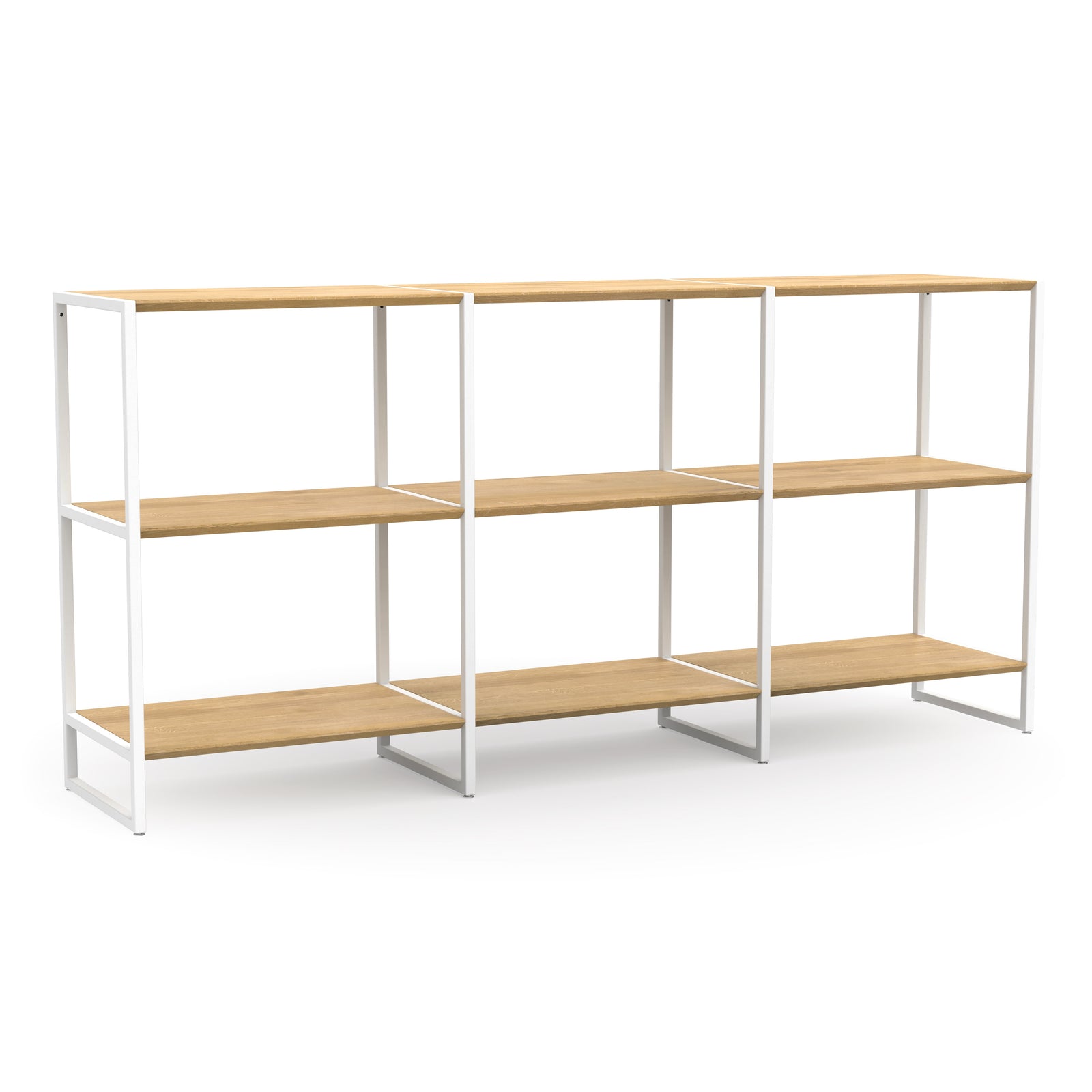 Design Highboard aus massiver Eiche und weißen Metallbeinen