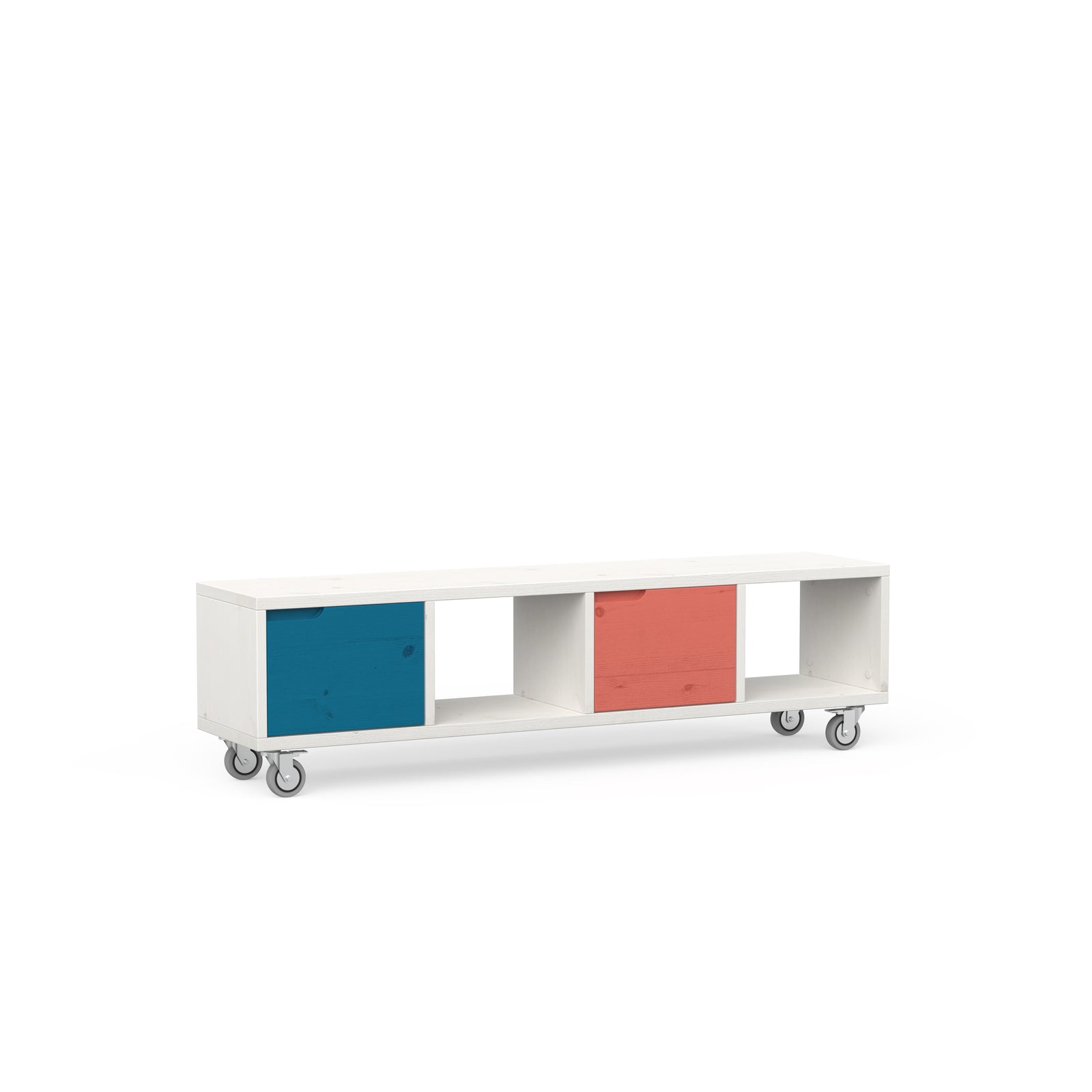 Lowboard Alma aus weißem Massivholz auf Rollen