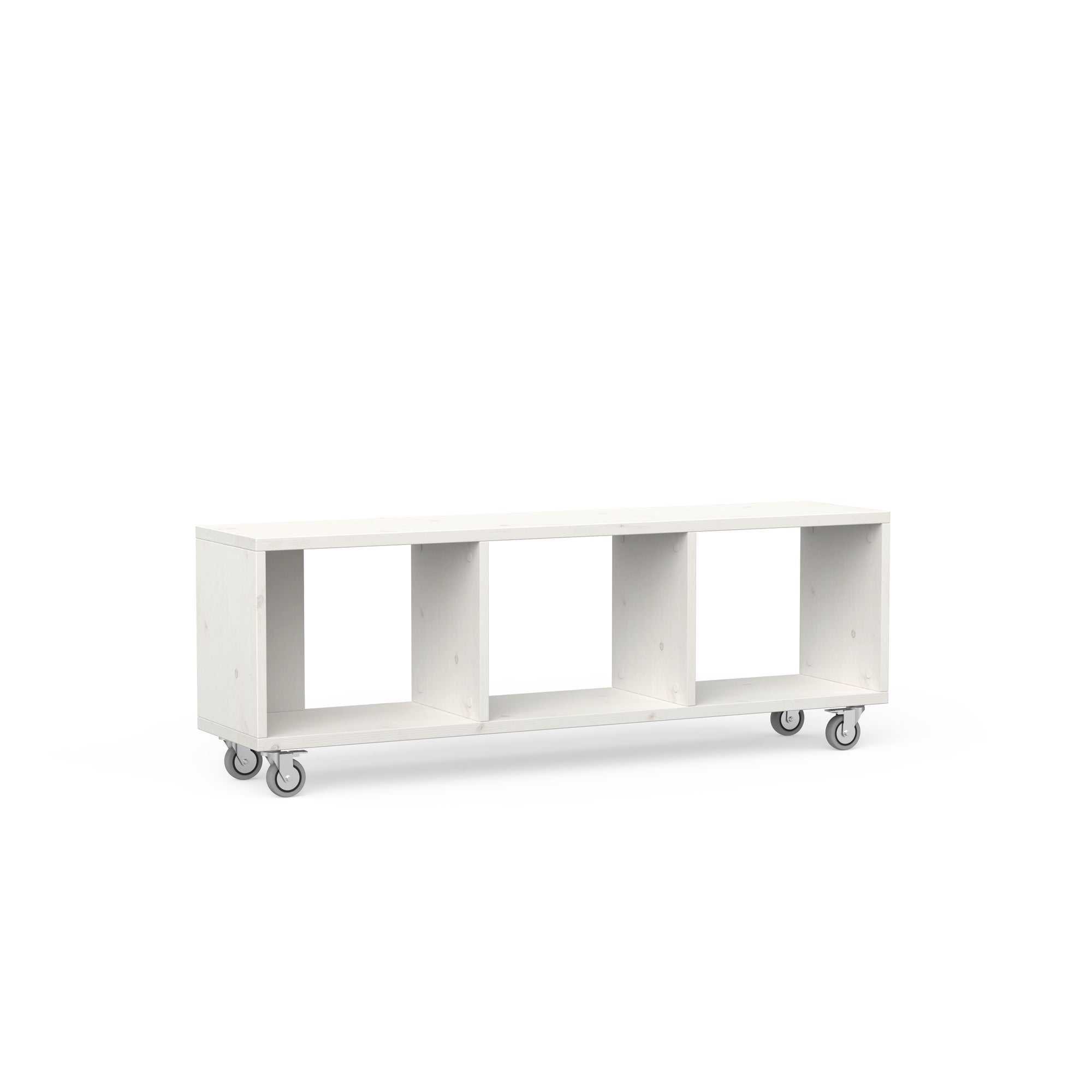 Minimalistisches Lowboard auf Rollen in weiß lasiertem Echtholz