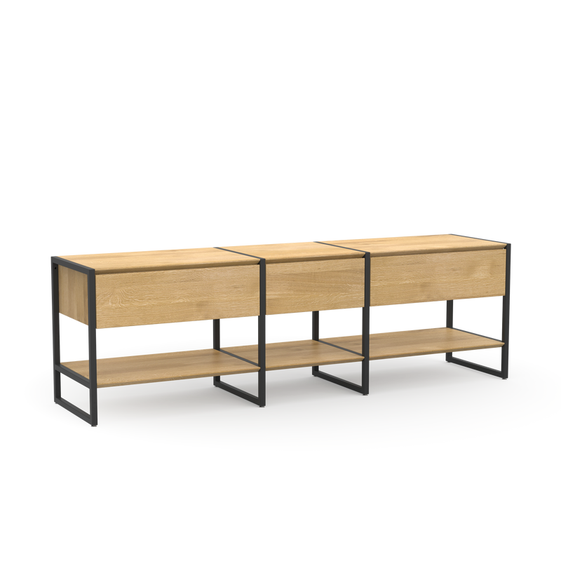 Ökologisches Sideboard mit funktionalen Schubladen und praktischem Stauraum aus Massivholz und schwarzem Metallrahmen 