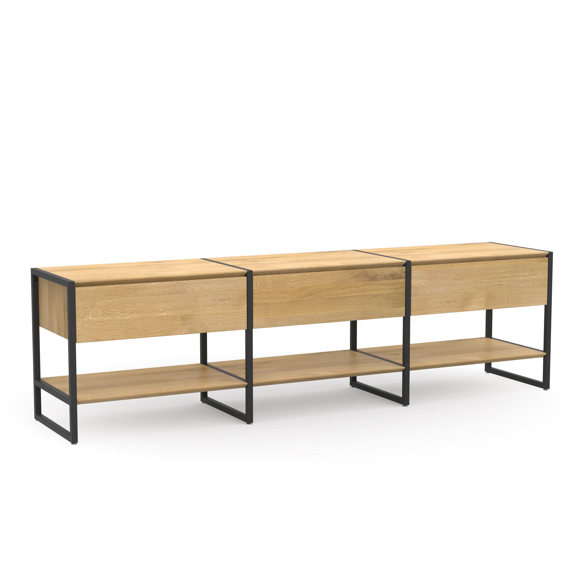Sideboard aus ökologischem Massivholz kombiniert mit hochwertigen schwarzen Metallbeinen und funktionalen Schubladen 
