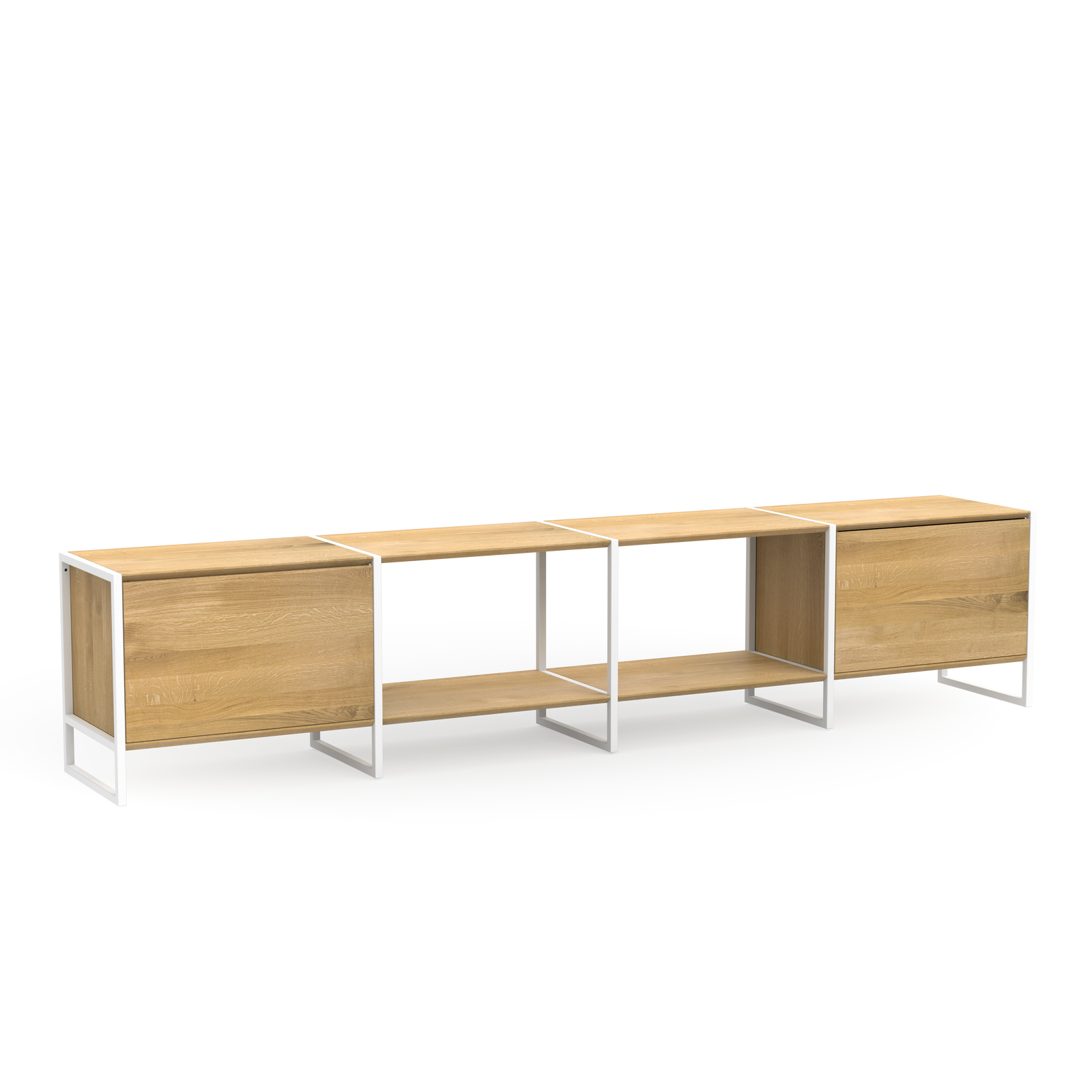 Konfigurierbares Design Lowboard aus massivem Eichenholz und weißem Metall mit Türen und Regalbrettern