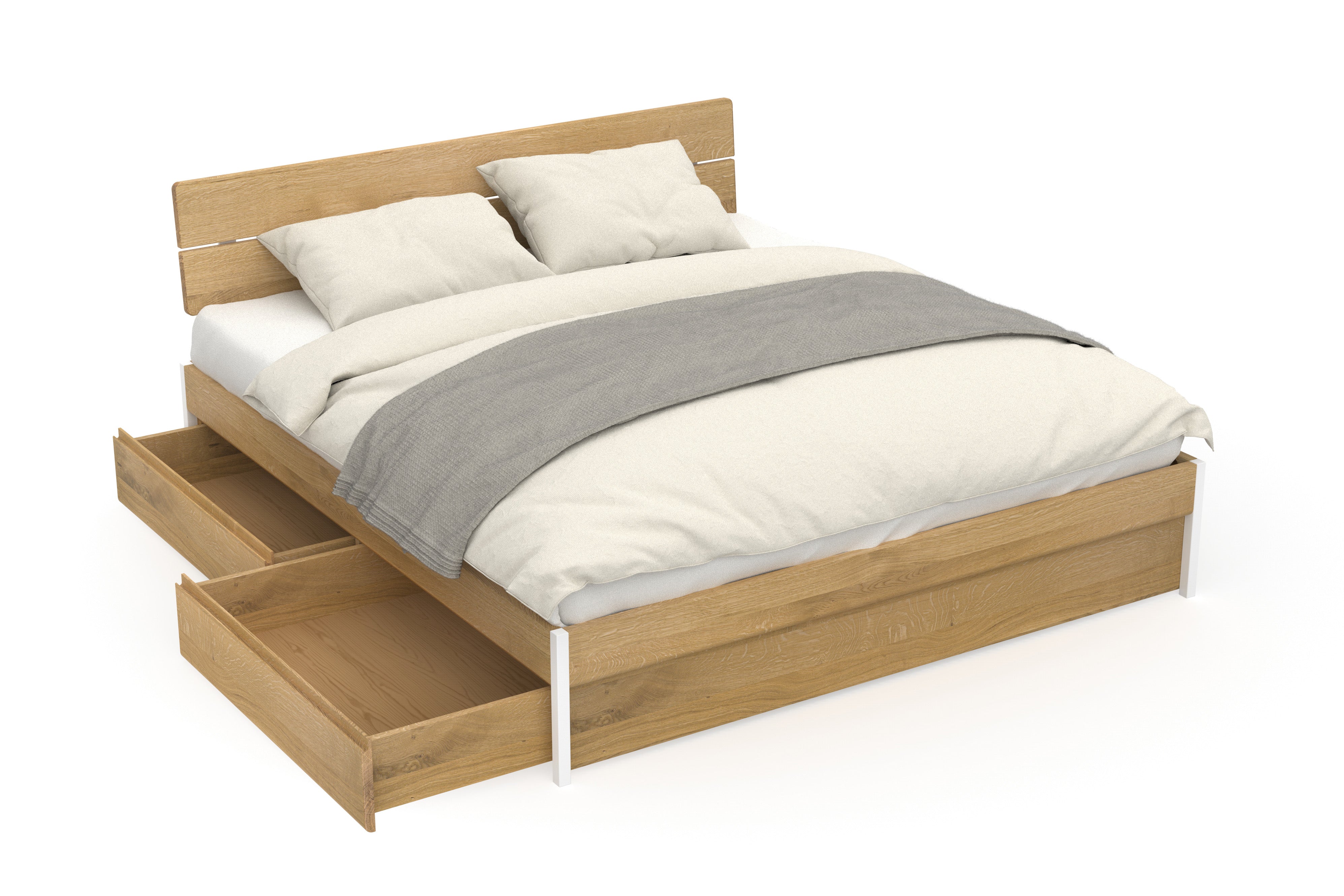 Minimalistisches Bett aus Metall & Eiche mit Bettkästen & Kopfteil