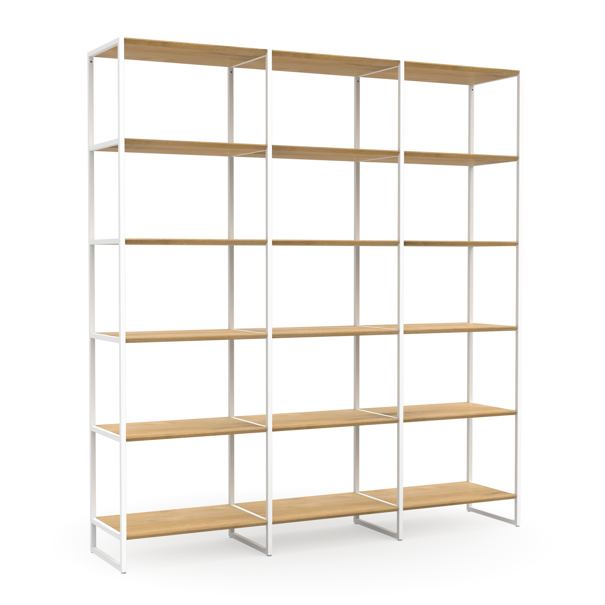 Minimalistisches Regal mit robusten weißen Metallbeinen und naturgeölten Massivholzböden