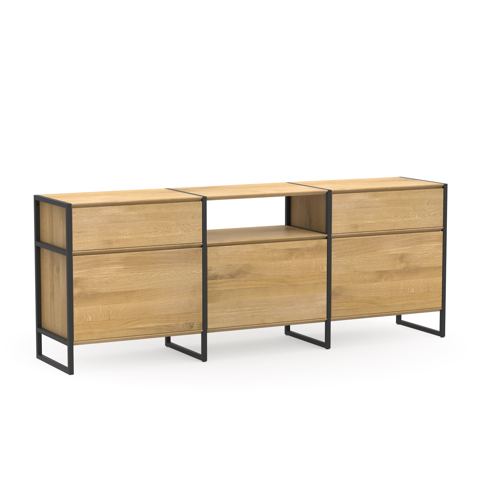 Modulares Design Möbel Sideboard aus massivem Eichenholz und schwarzem Metall mit Türen, Schubladen und Regalbrettern