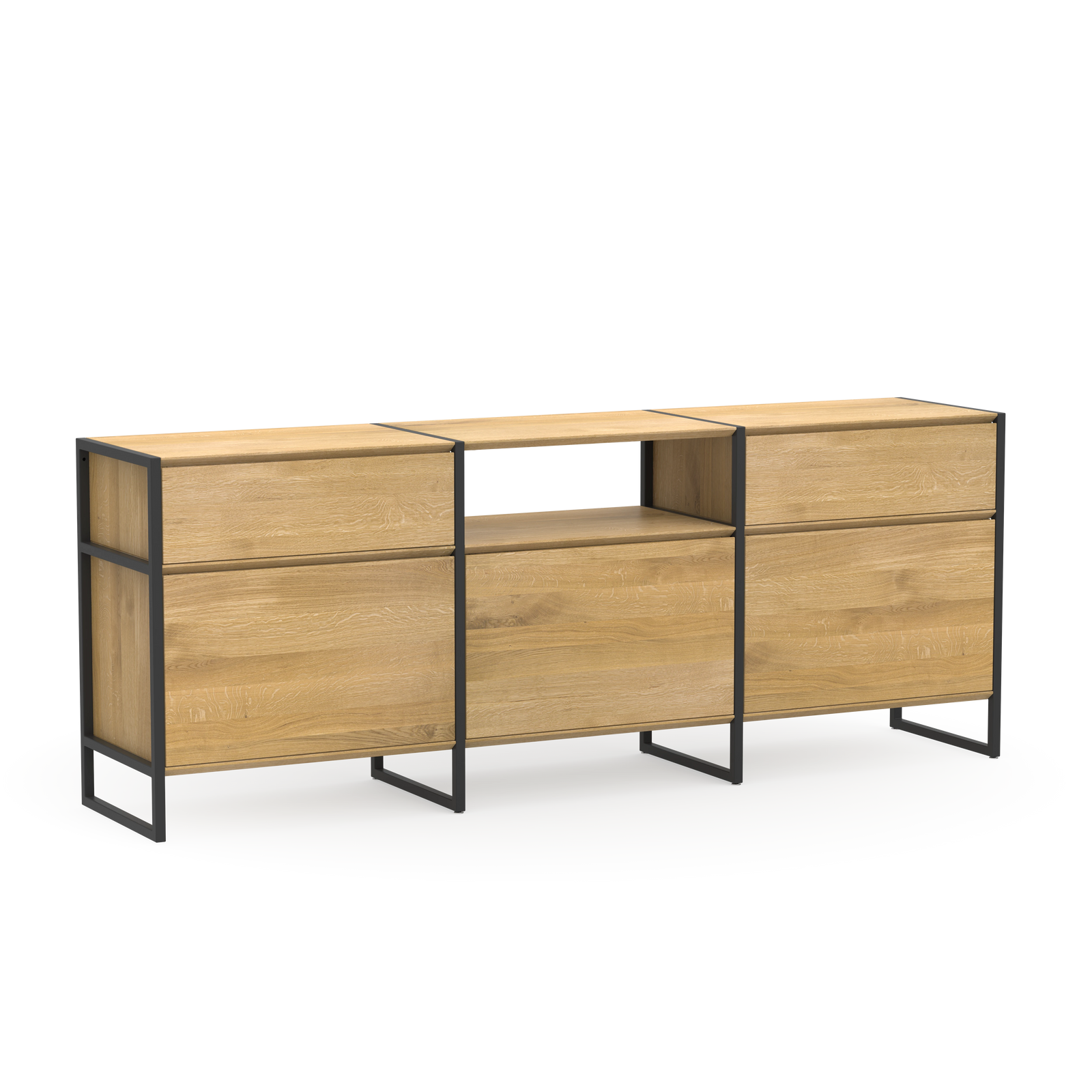 Modulares Design Möbel Sideboard aus massivem Eichenholz und schwarzem Metall mit Türen, Schubladen und Regalbrettern