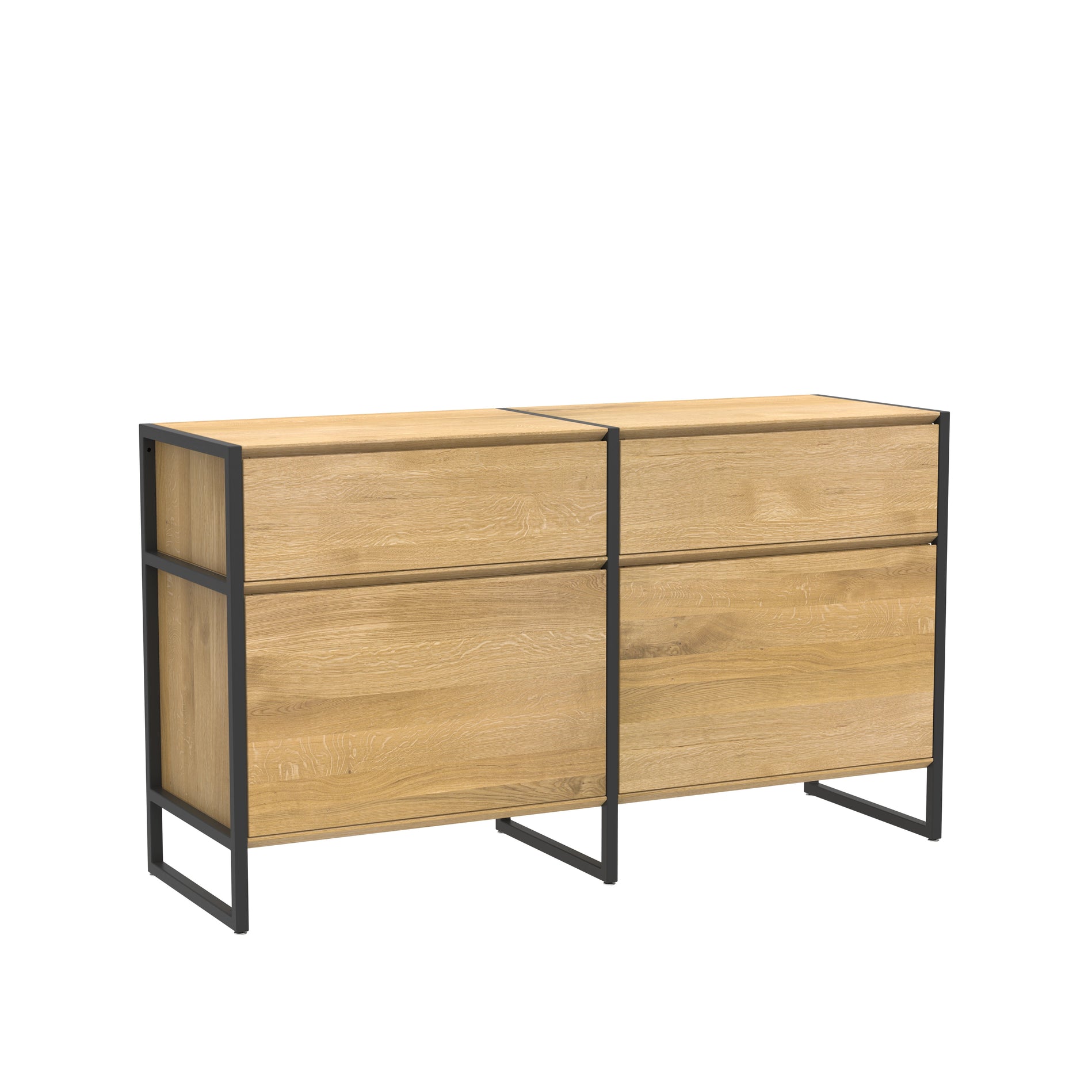 Naturholzmöbel Sideboard mit Türen im zeitlosen Design und schwarzen Metall Beinen
