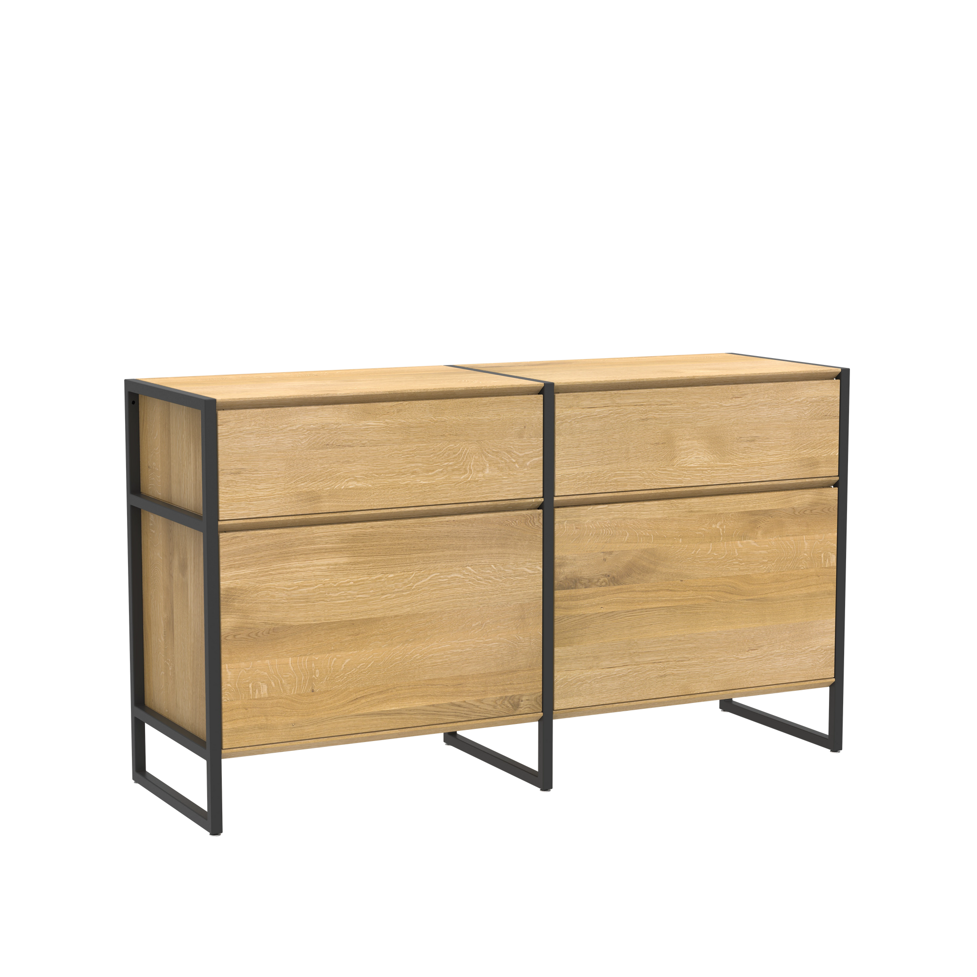 Naturholzmöbel Sideboard mit Türen im zeitlosen Design und schwarzen Metall Beinen