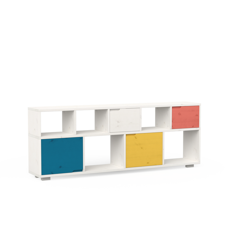 Weißes Naturholzmöbel Sideboard mit offenen Fächern und farbigen Türen im funktionalen, ökologischen Design