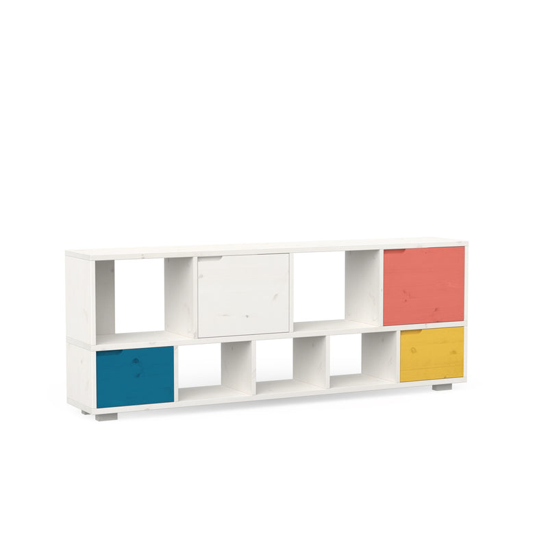 Robustes Sideboard aus massivem Holz in weiß lasiert und bunten Türen