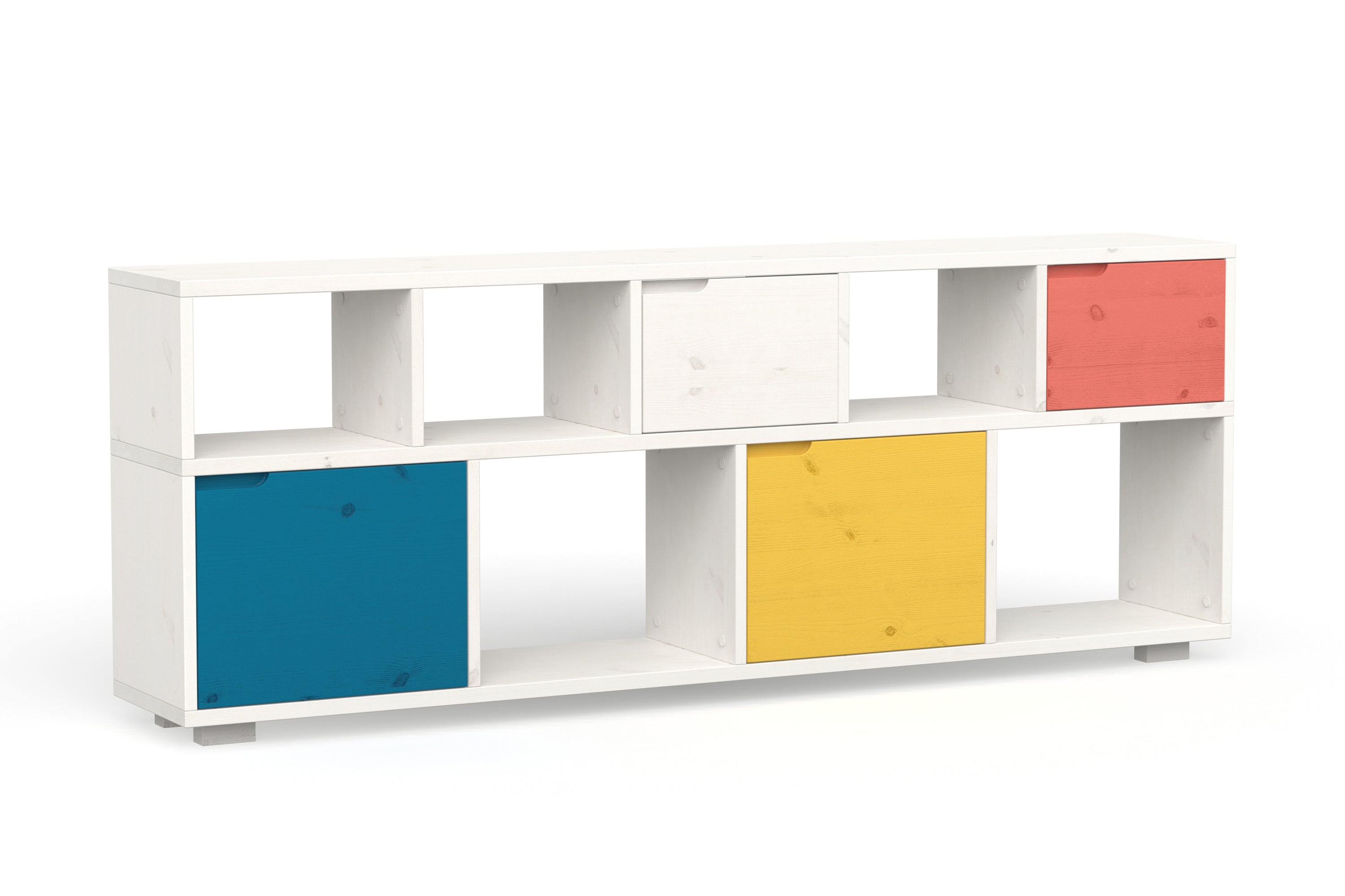 Design Sideboard ökologisches Massivholz mit Türen in blau, gelb, rot und weiß