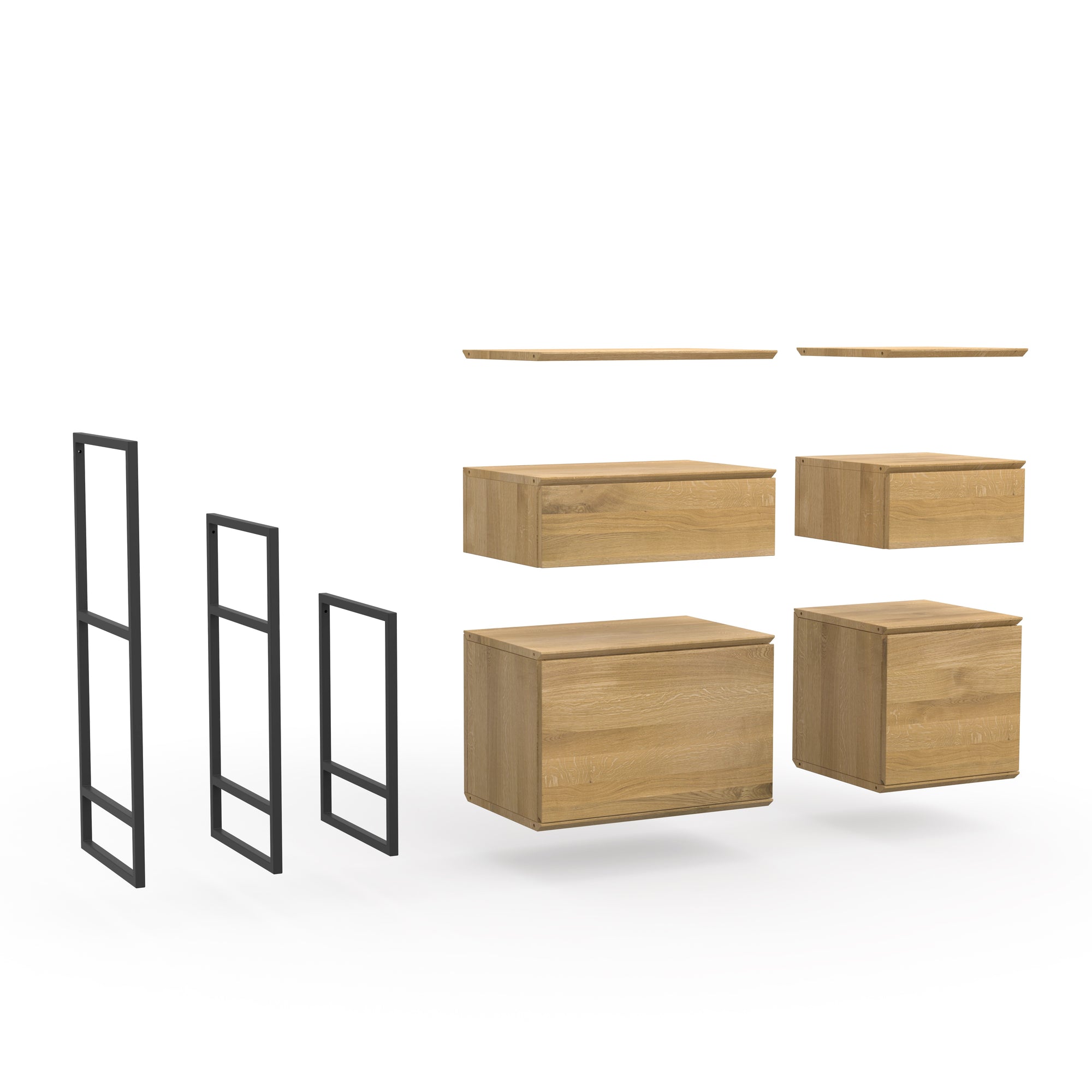 Konfigurierbare Sideboards aus Naturholz mit Regalböden, Schubladen und Türen im schlichten Design und schwarzen Metall Details