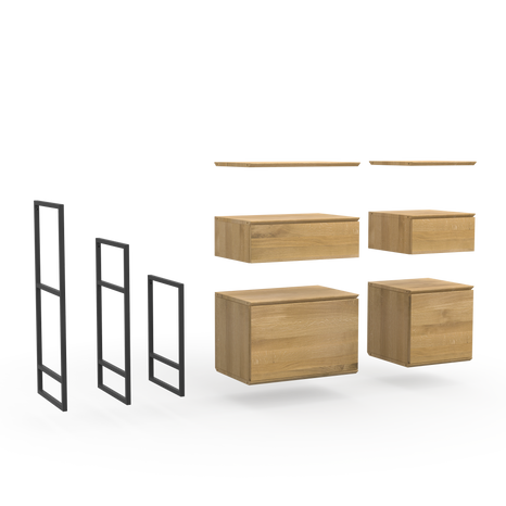 Konfigurierbare Sideboards aus Naturholz mit Regalböden, Schubladen und Türen im schlichten Design und schwarzen Metall Details