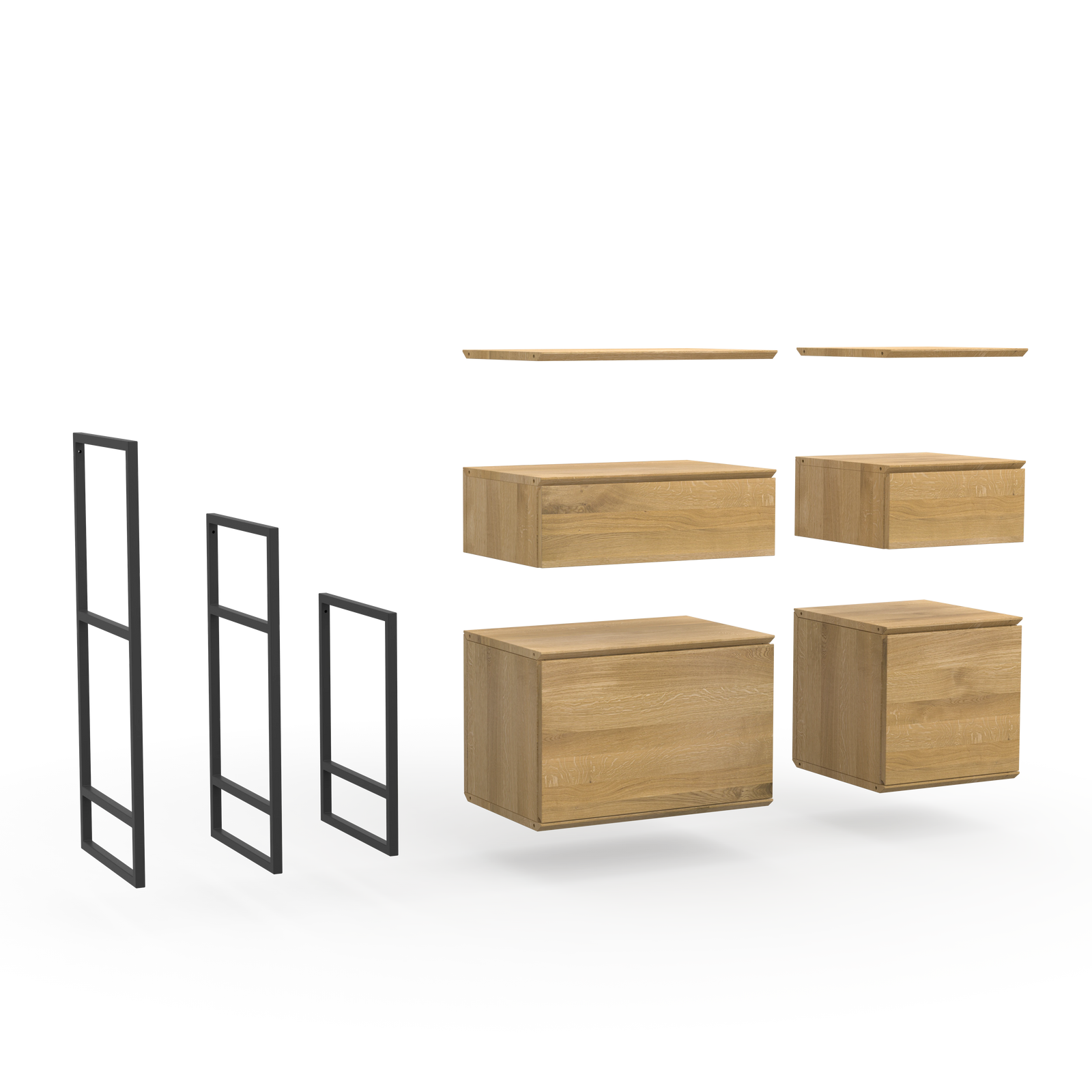 Konfigurierbare Sideboards aus Naturholz mit Regalböden, Schubladen und Türen im schlichten Design und schwarzen Metall Details