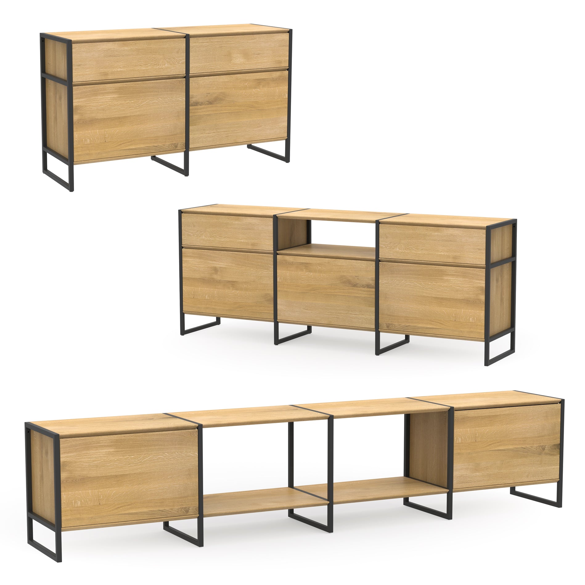 Modulares Sideboard-System aus nachhaltigem Naturholz mit schwarzen Metallbeinen 