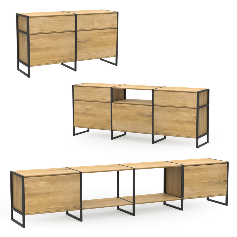 Modulares Sideboard-System aus nachhaltigem Naturholz mit schwarzen Metallbeinen 