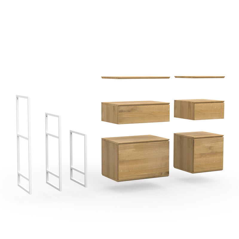 Konfigurierbare Sideboards aus Naturholz mit Regalböden, Schubladen und Türen im schlichten Design und weißen Metall Details