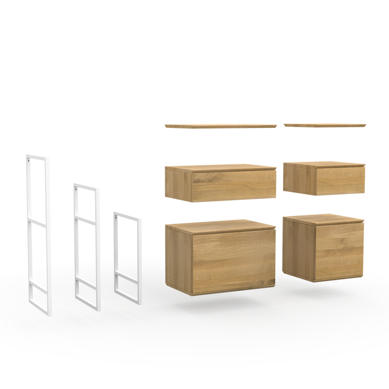 Konfigurierbare Sideboards aus Naturholz mit Regalböden, Schubladen und Türen im schlichten Design und weißen Metall Details