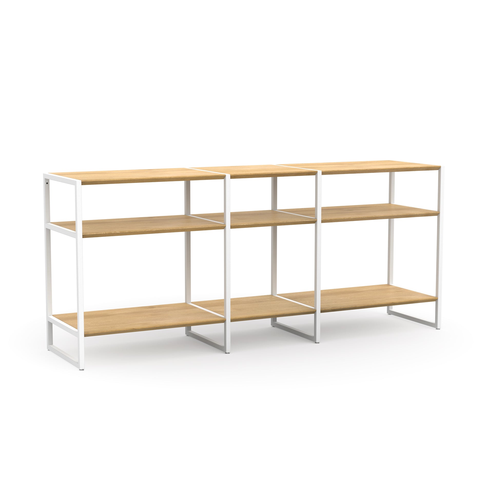 Sideboard aus massivem Naturholz und weißen Metallbeinen mit Regalbrettern im puristischen Design