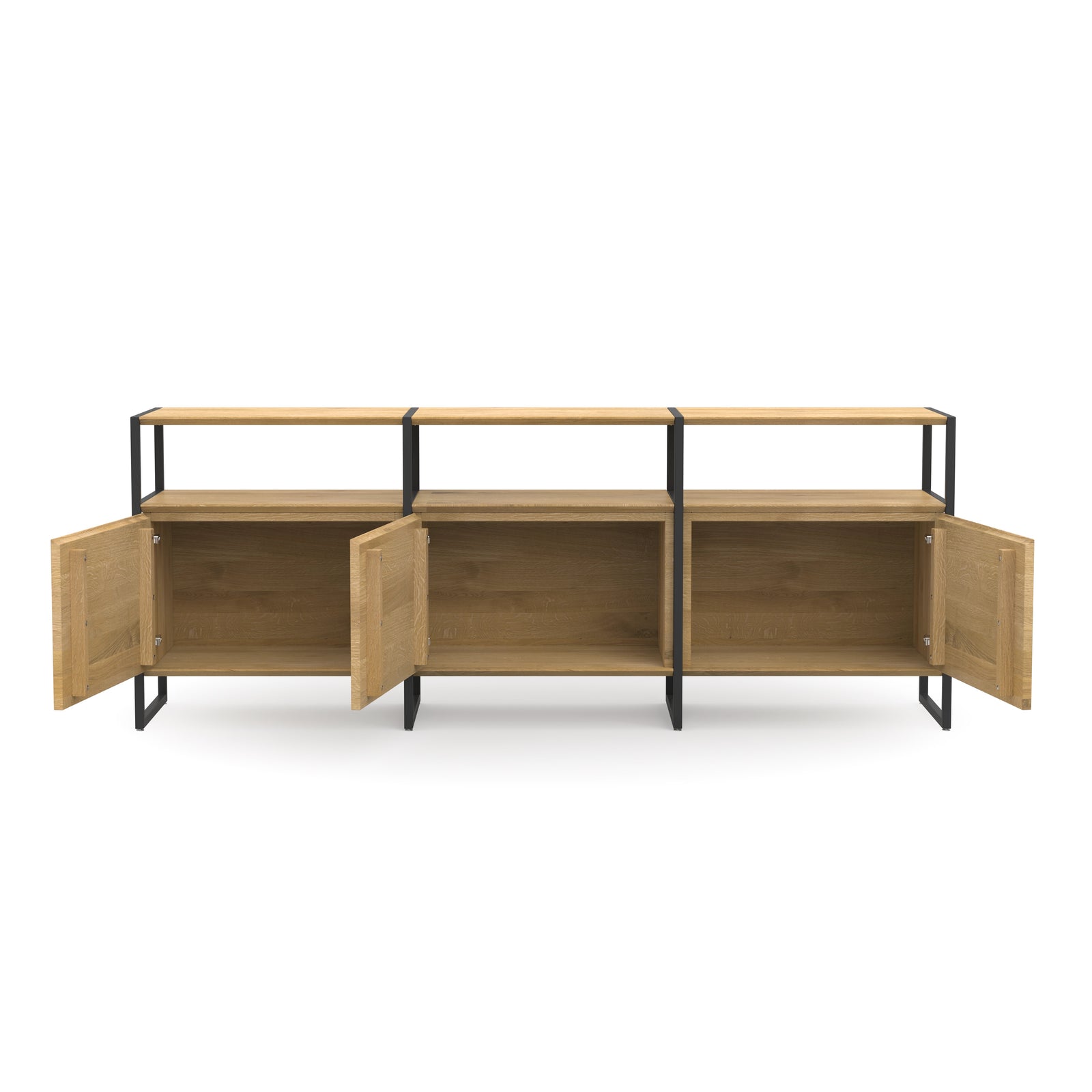 Sideboard aus massivem Naturholz mit schwarzen Metallakzenten, Türen und Regalböden im minimalistischen Design