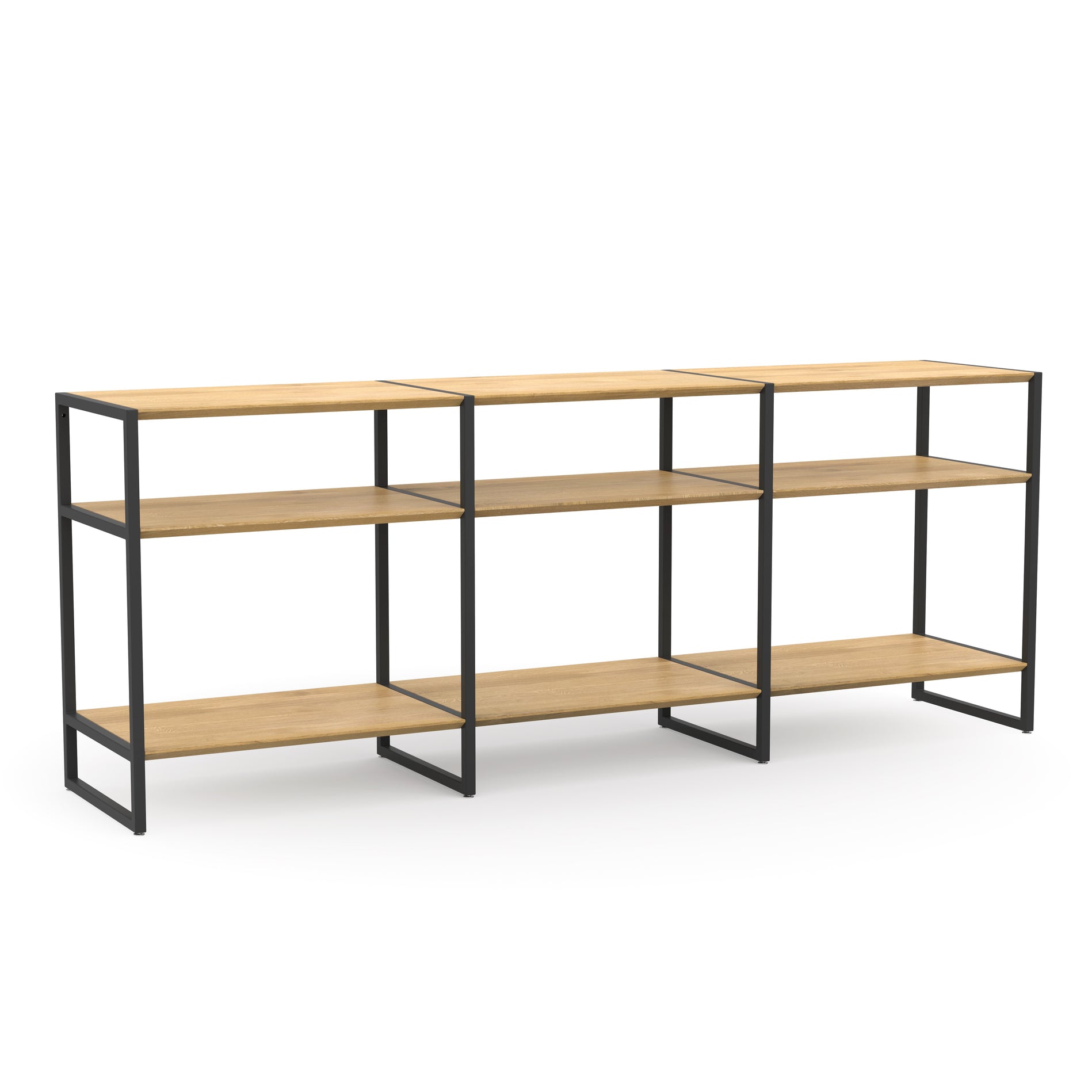 Sideboard aus massivem Holz und schwarzem Metall mit Regalbrettern im minimalistischen Design