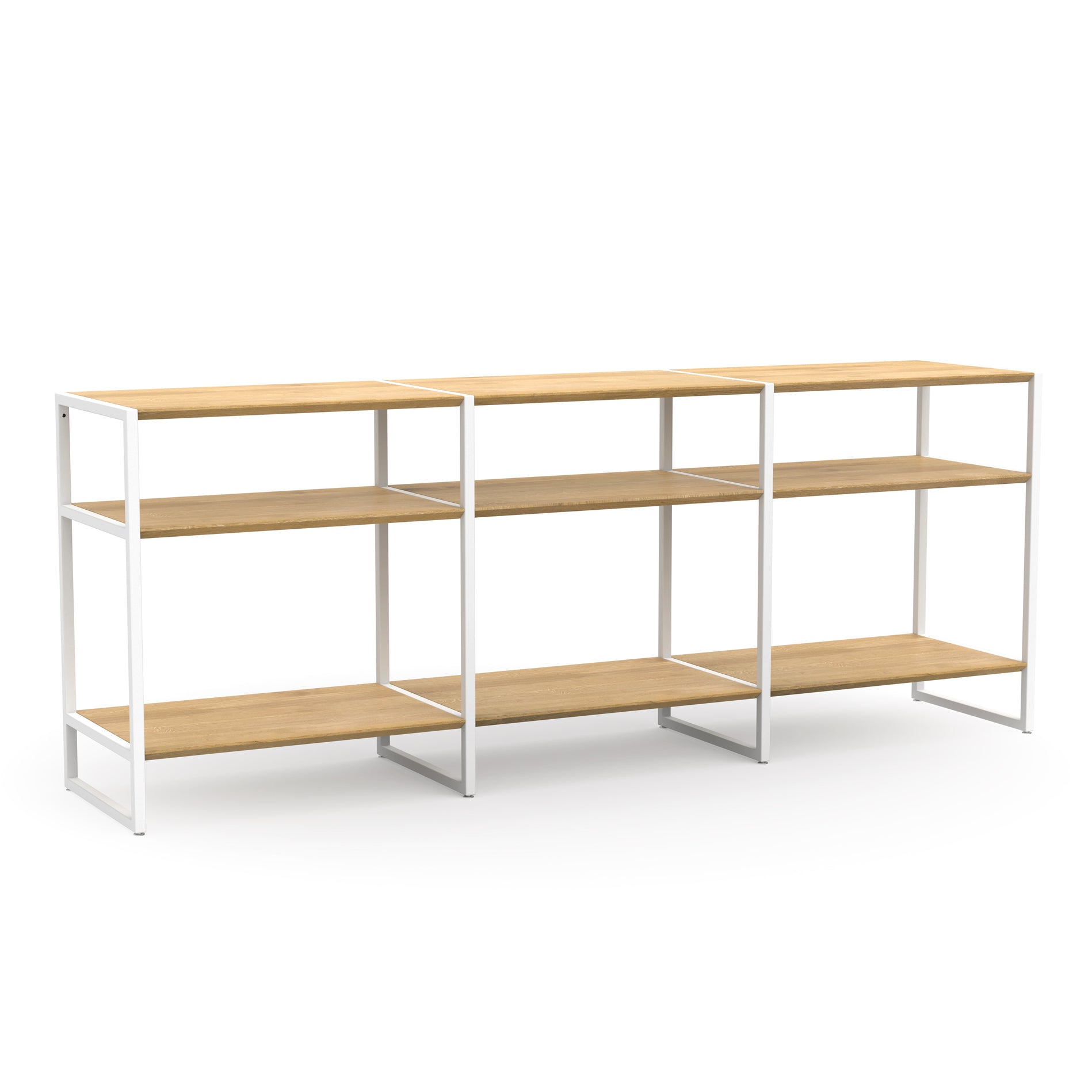 Sideboard aus massivem Holz und weißem Metall mit Regalbrettern im minimalistischen Design