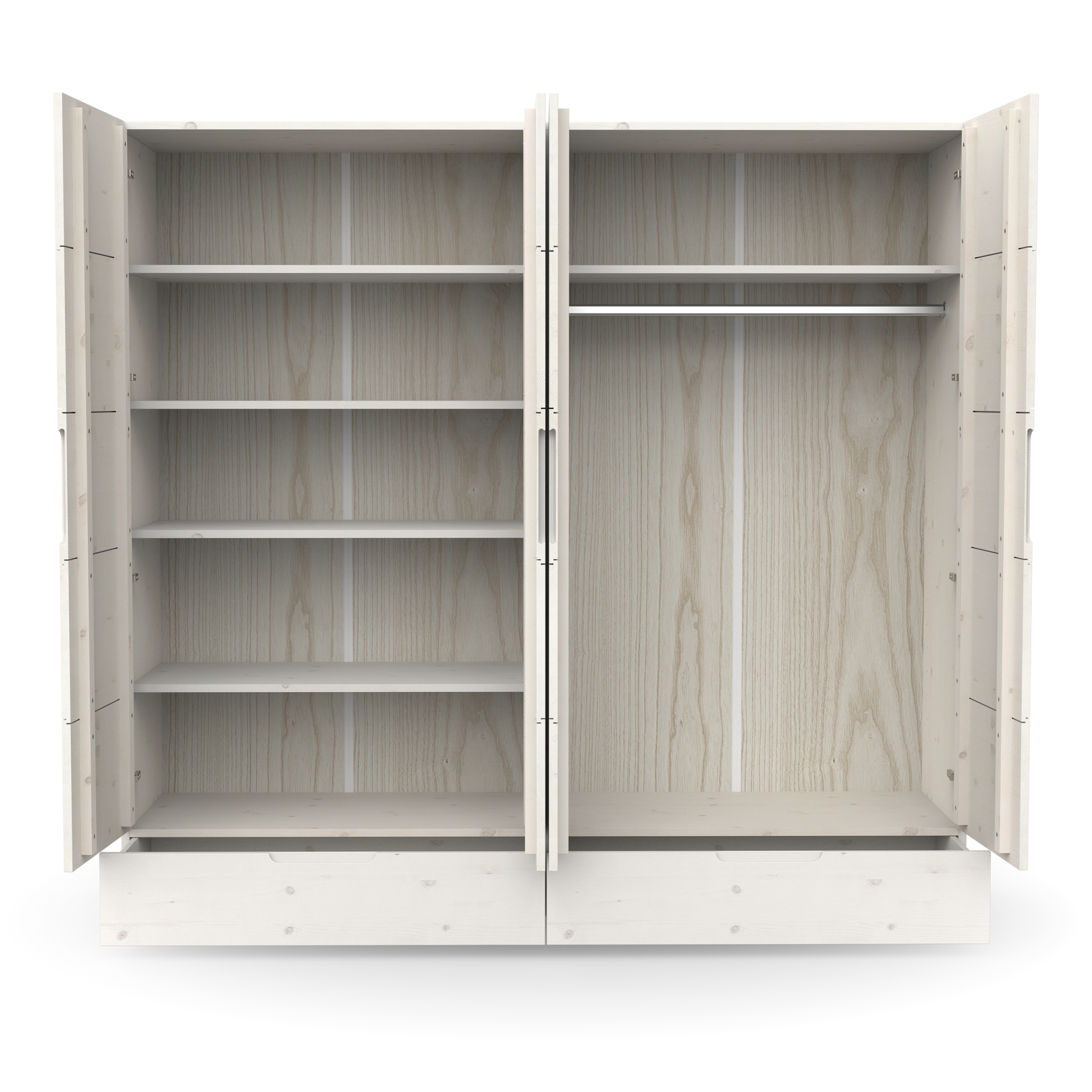 Zeitloser Kleiderschrank mit Brettern, Schubladen und Kleiderstange