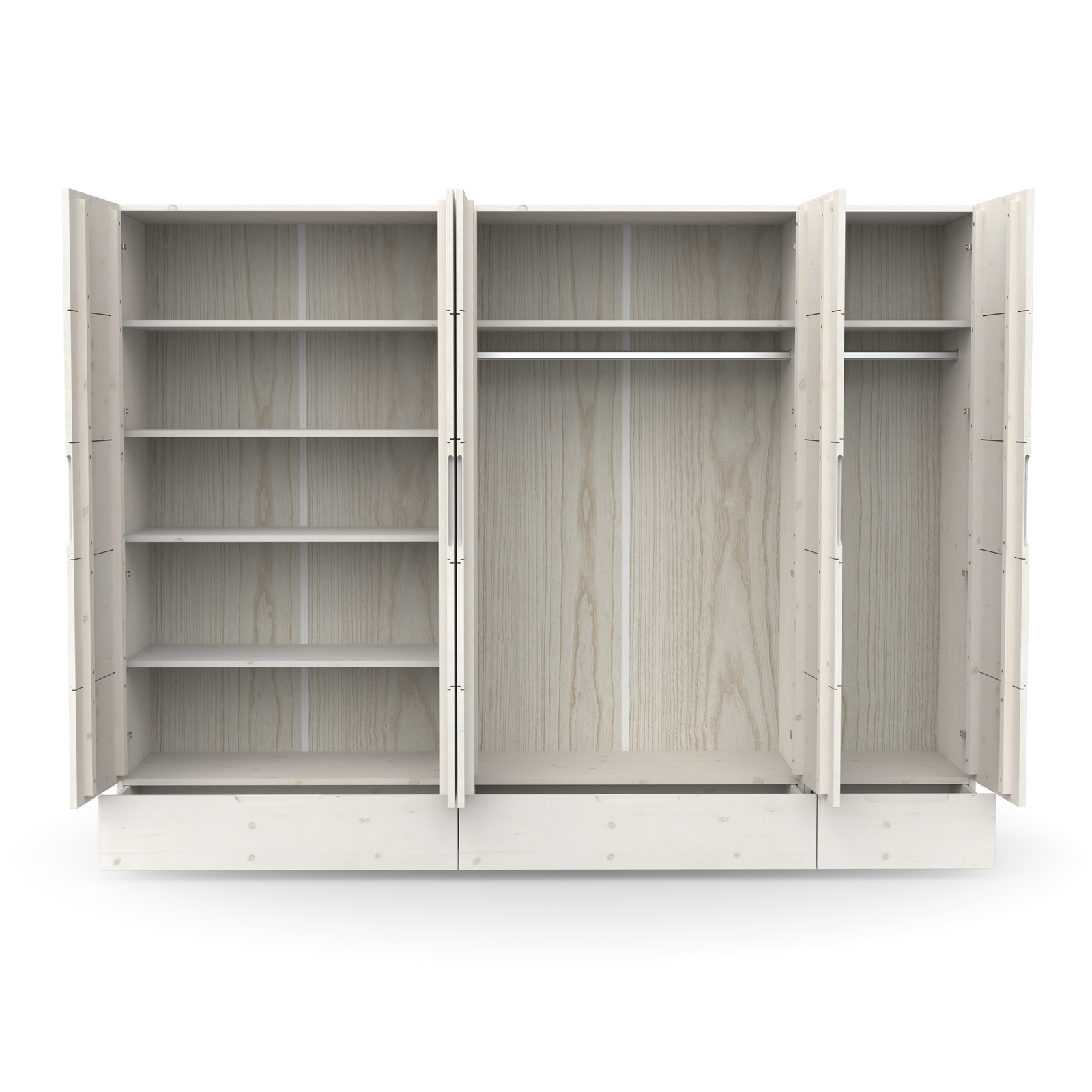 Zeitloser Kleiderschrank mit Brettern, Schubladen und Kleiderstange