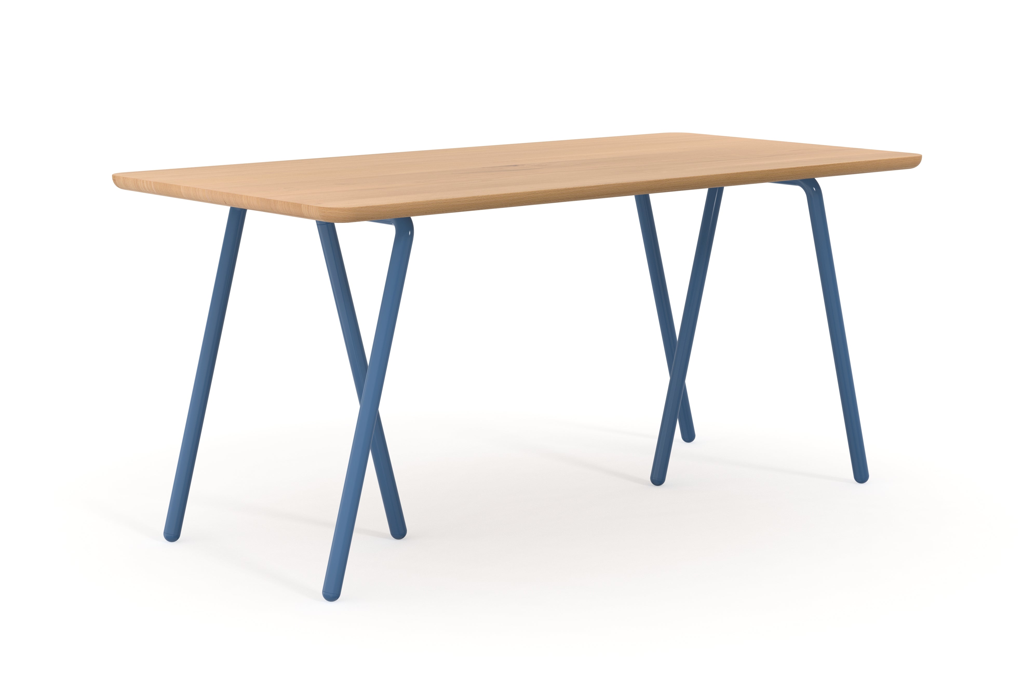 Schreibtisch aus Buche nach Maß mit blauen Tischböcken aus Metall