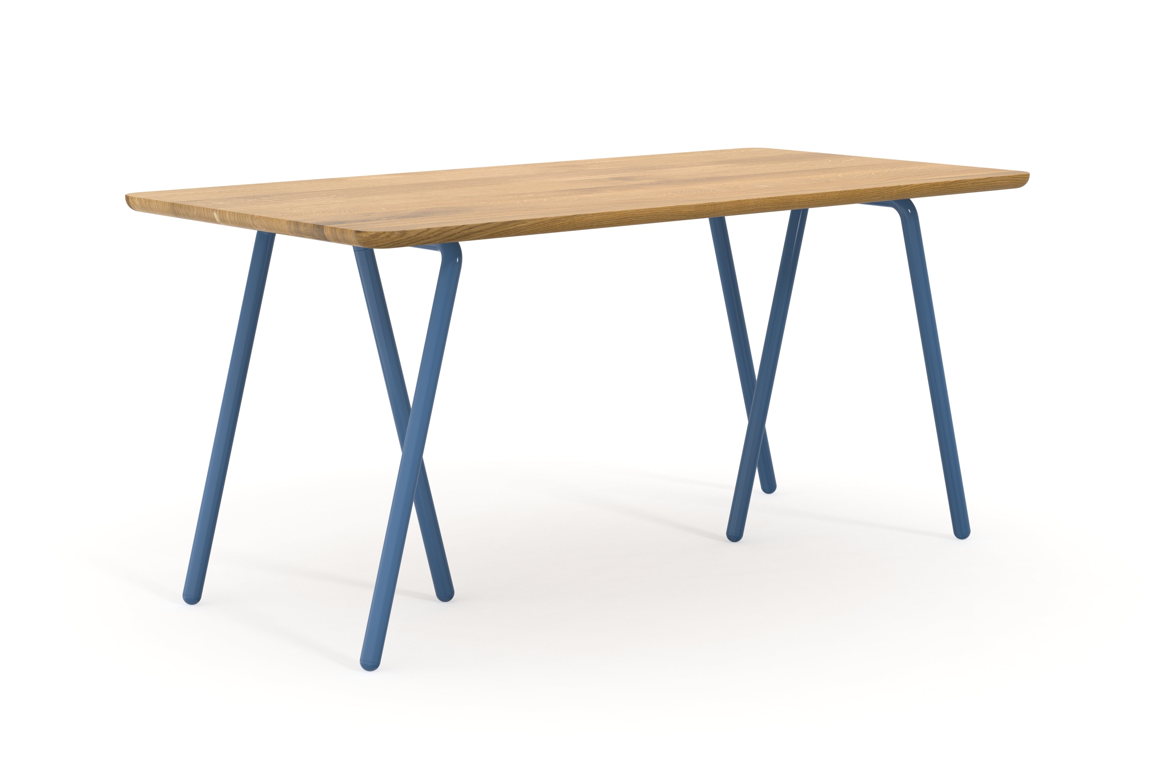Schreibtisch aus Eiche nach Maß mit blauen Tischböcken aus Metall