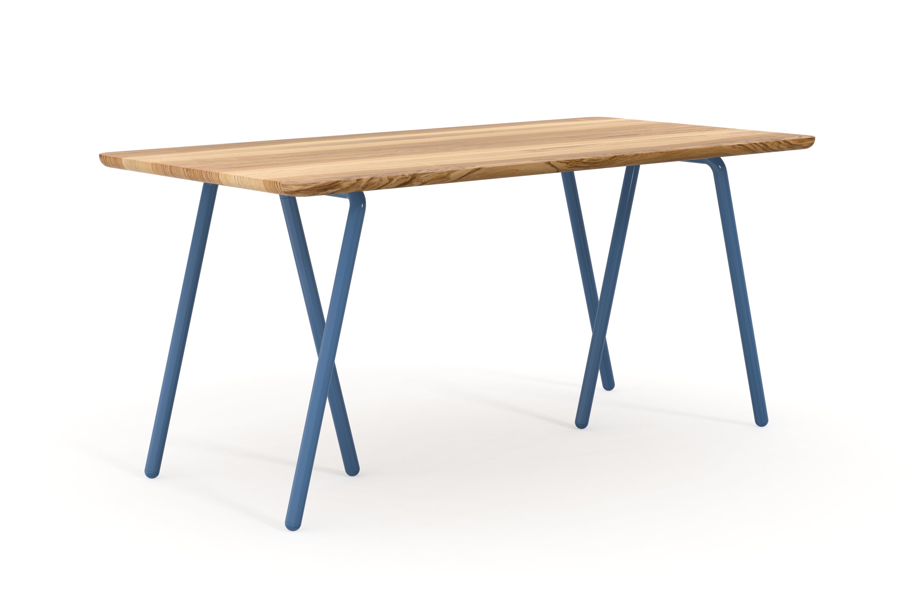 Schreibtisch aus Esche nach Maß mit blauen Tischböcken aus Metall