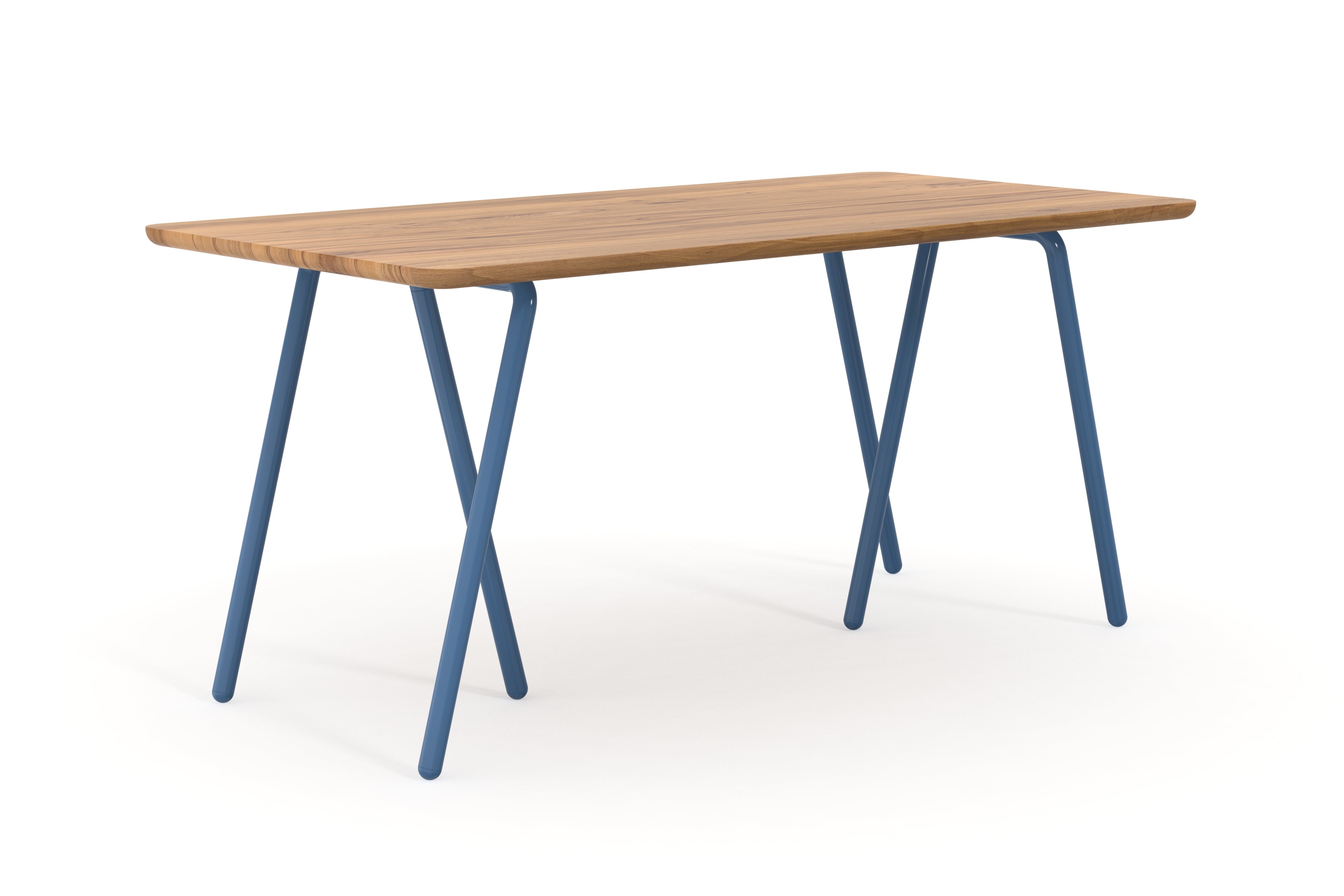 Schreibtisch aus Kernbuche nach Maß mit blauen Tischböcken aus Metall