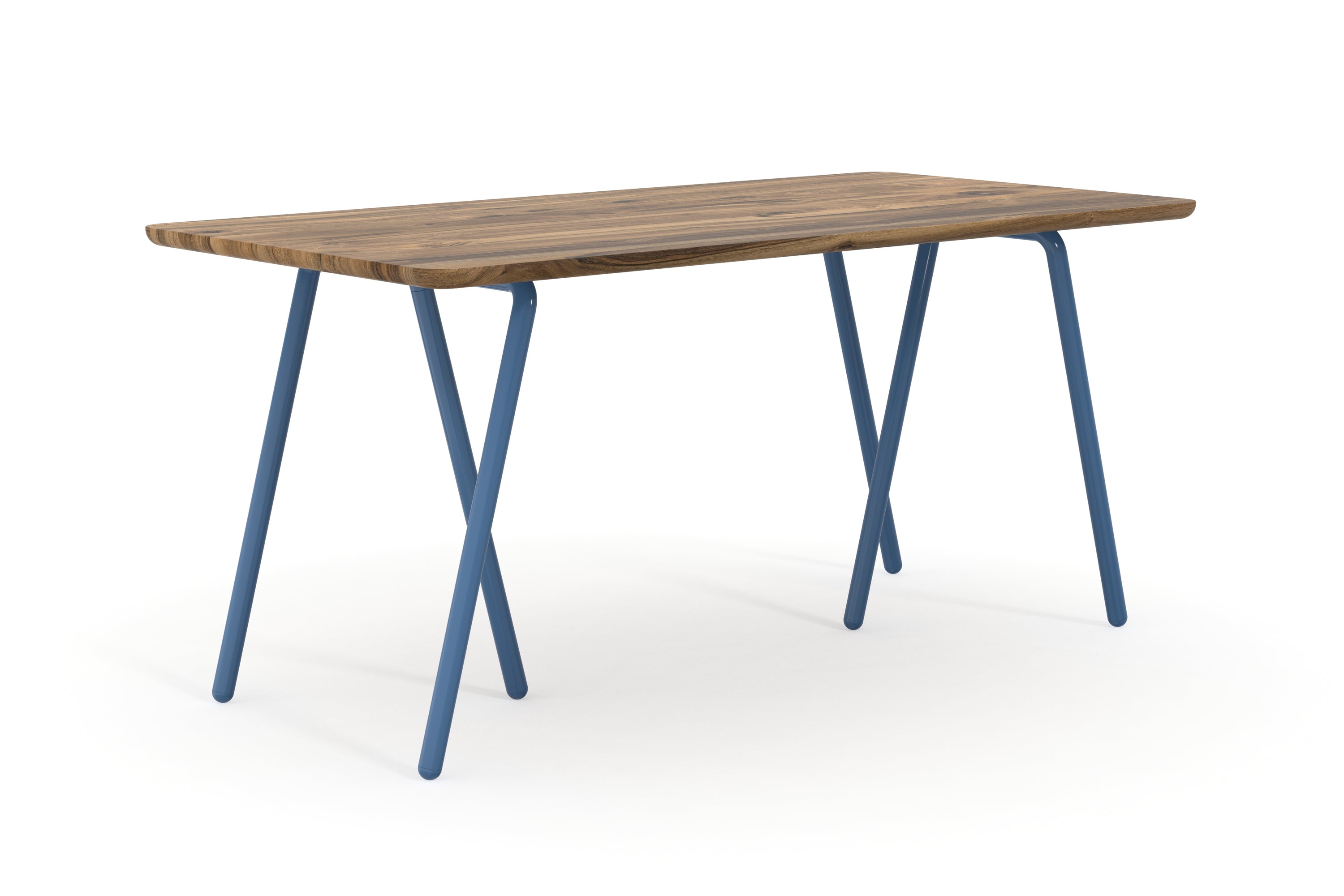 Schreibtisch aus Nussbaum nach Maß mit blauen Tischböcken aus Metall