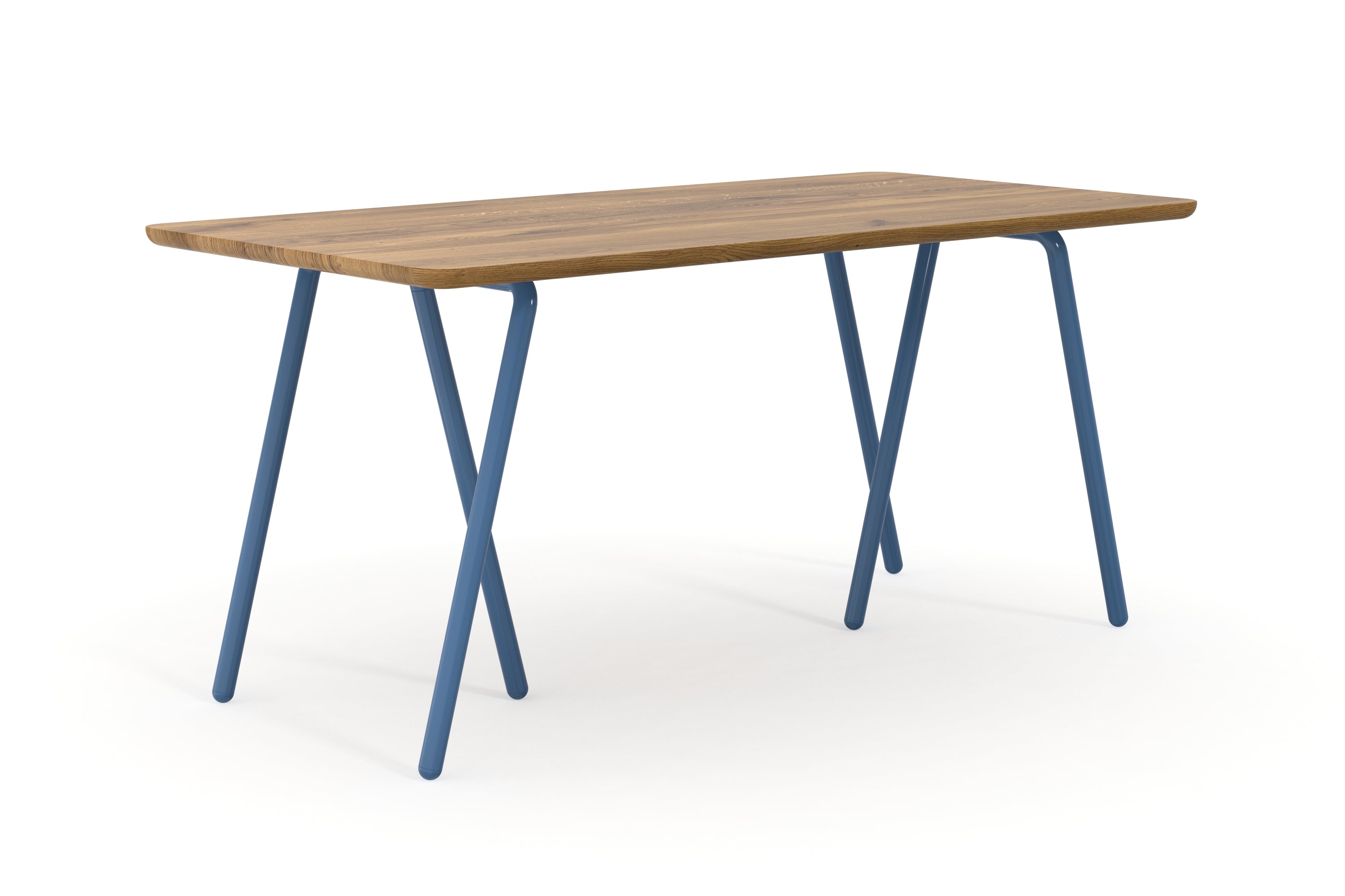 Schreibtisch aus Wildeiche nach Maß mit blauen Tischböcken aus Metall