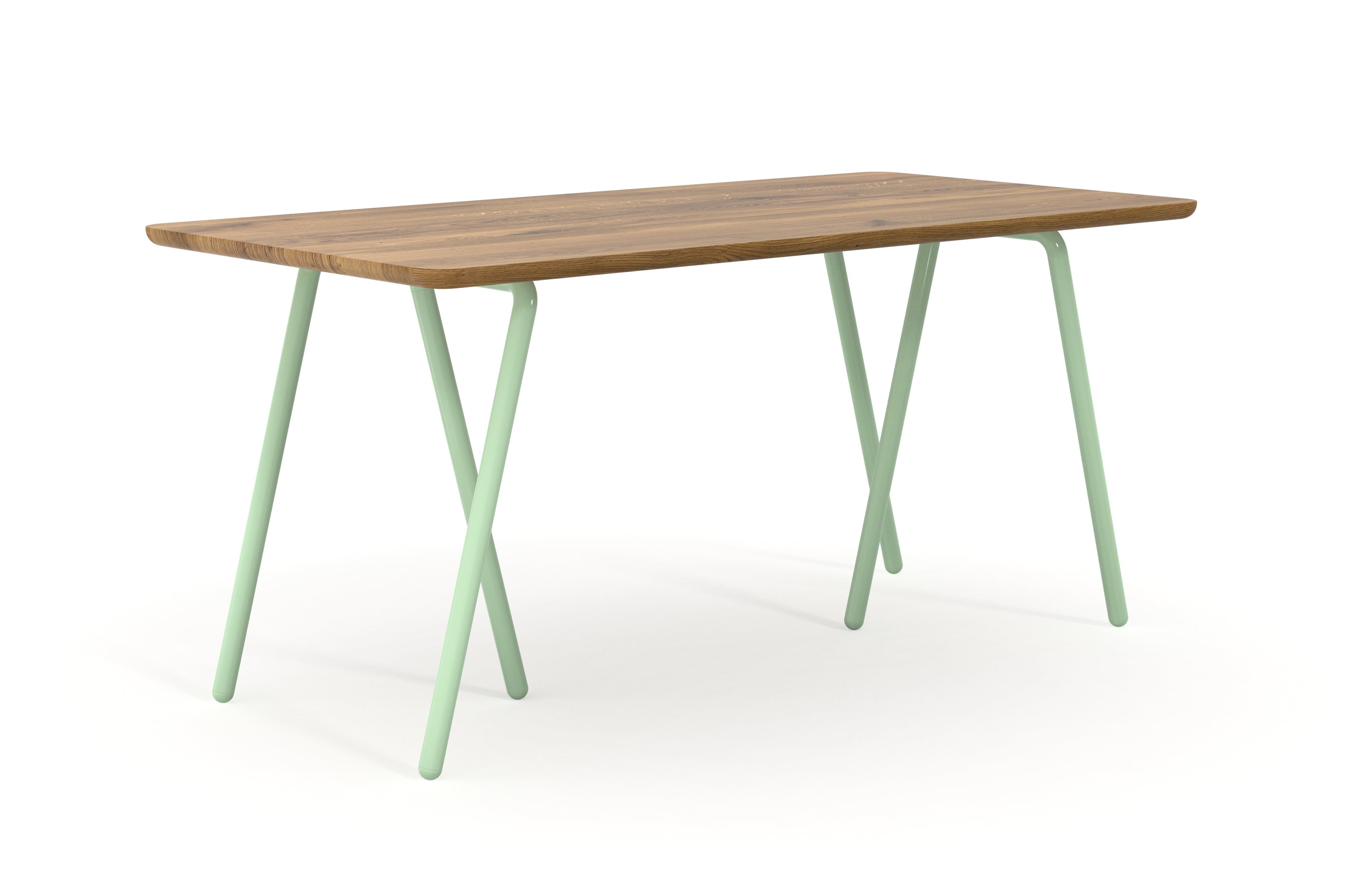 Schreibtisch aus Wildeiche nach Maß mit Tischböcken in mint aus Metall