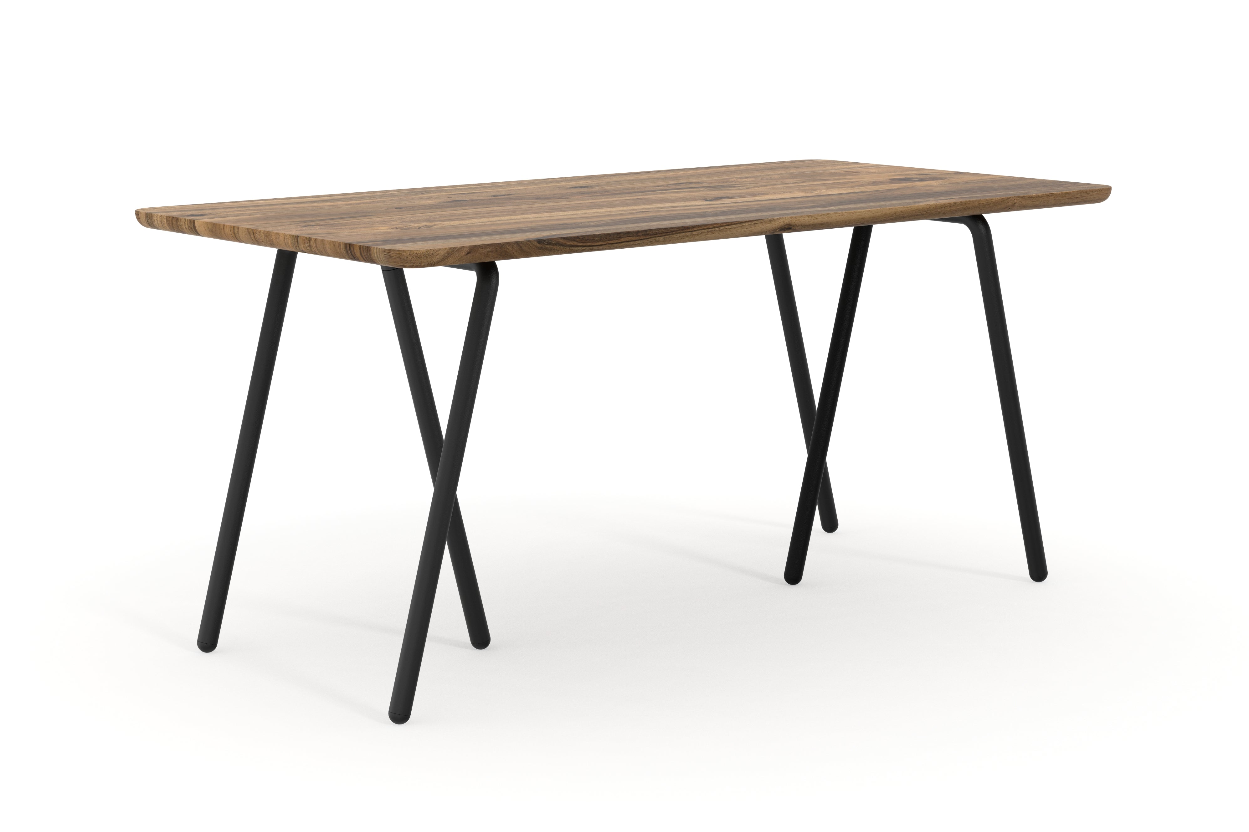 Schreibtisch aus Nussbaum nach Maß mit schwarzen Tischböcken aus Metall
