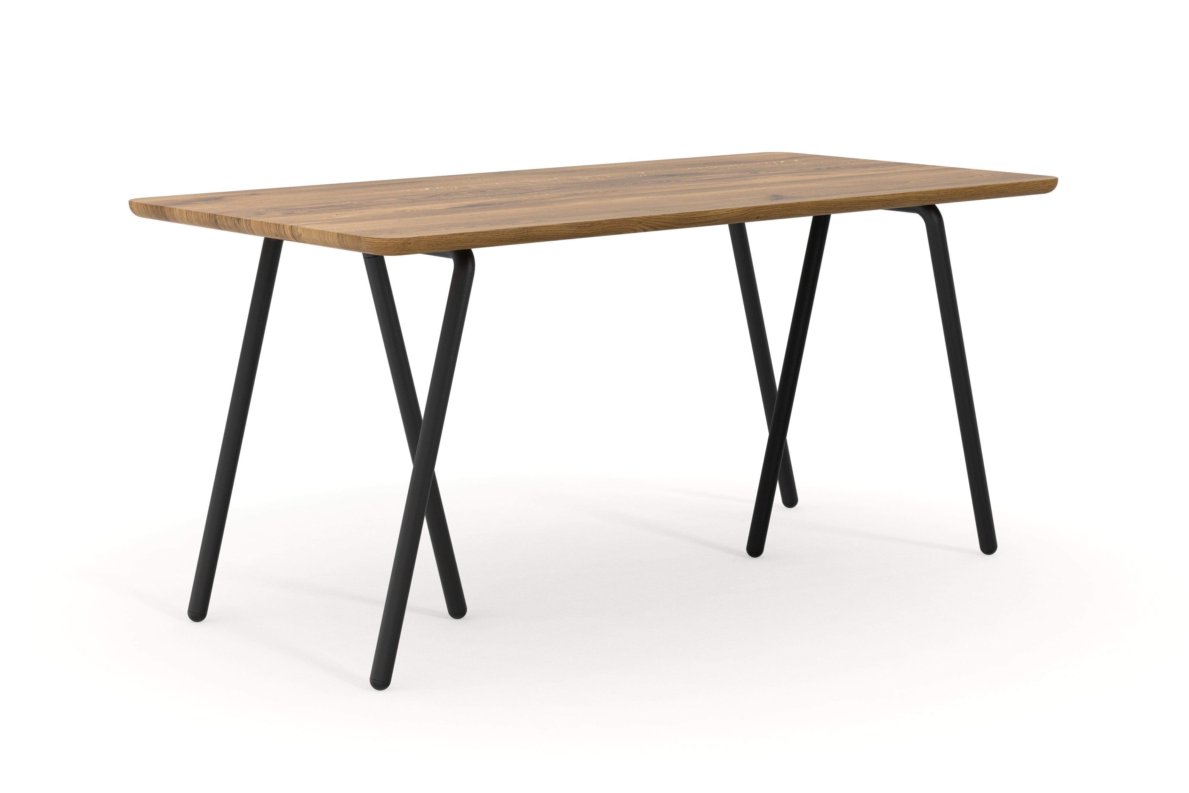 Schreibtisch aus Wildeiche nach Maß mit schwarzen Tischböcken aus Metall