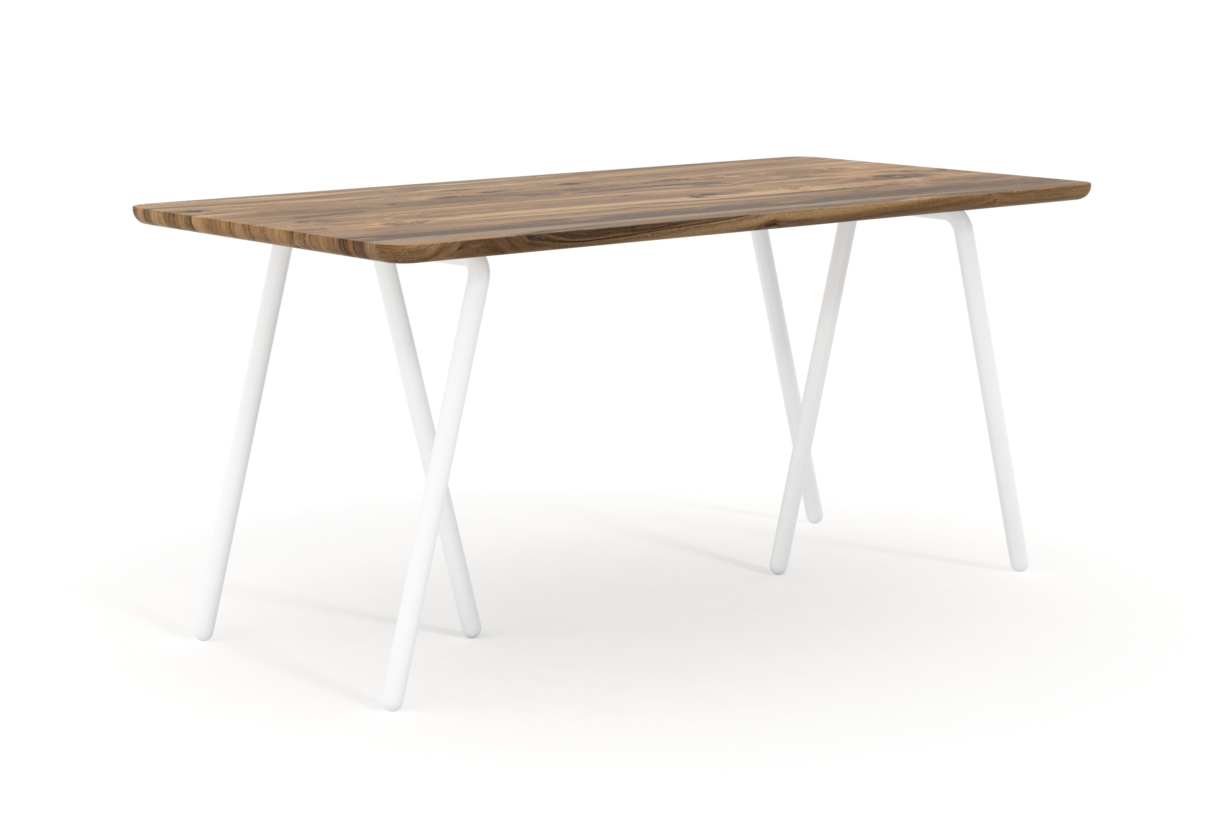 Schreibtisch aus Nussbaum nach Maß mit weißen Tischböcken aus Metall
