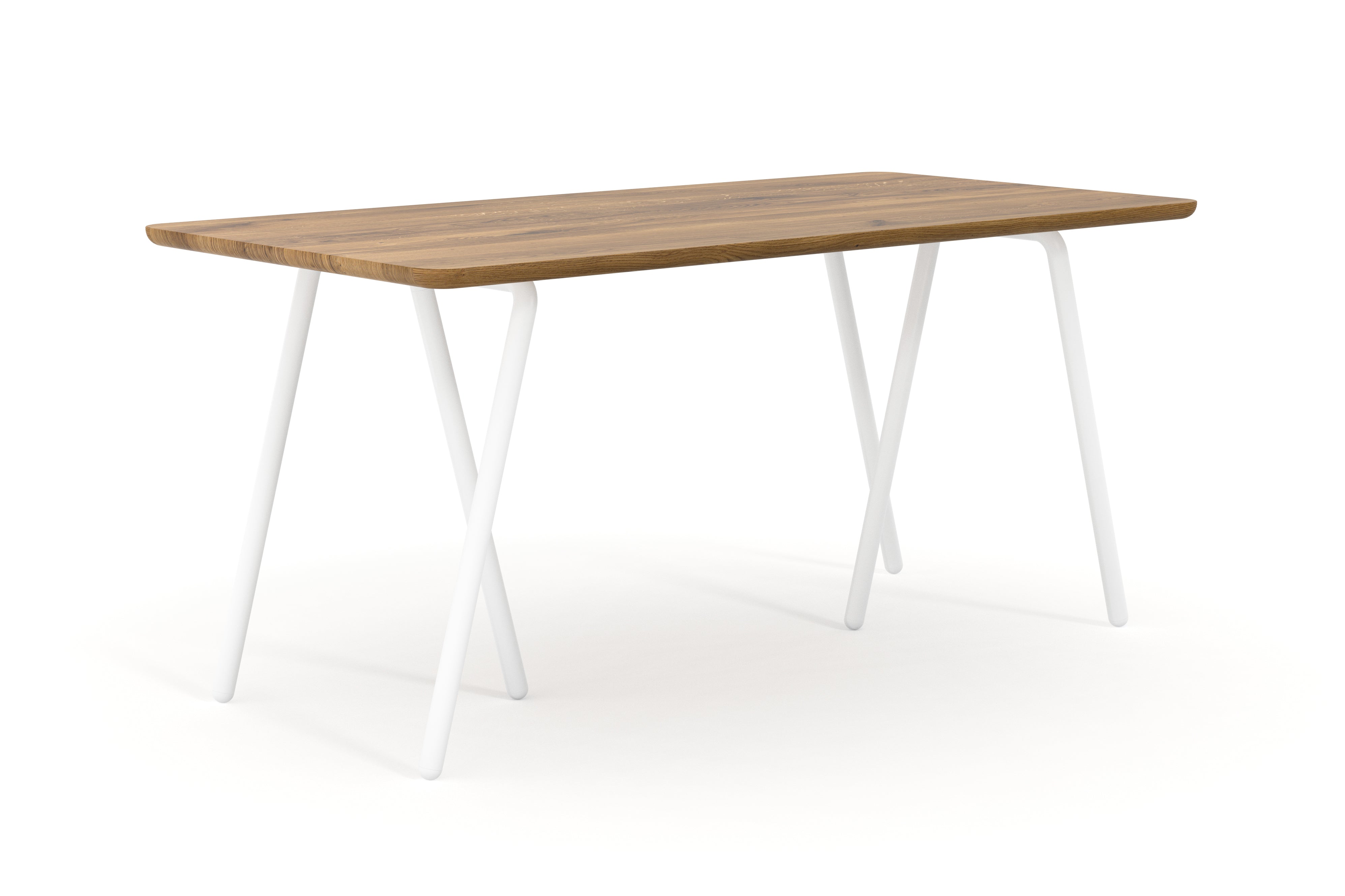 Schreibtisch aus Wildeiche nach Maß mit weißen Tischböcken aus Metall